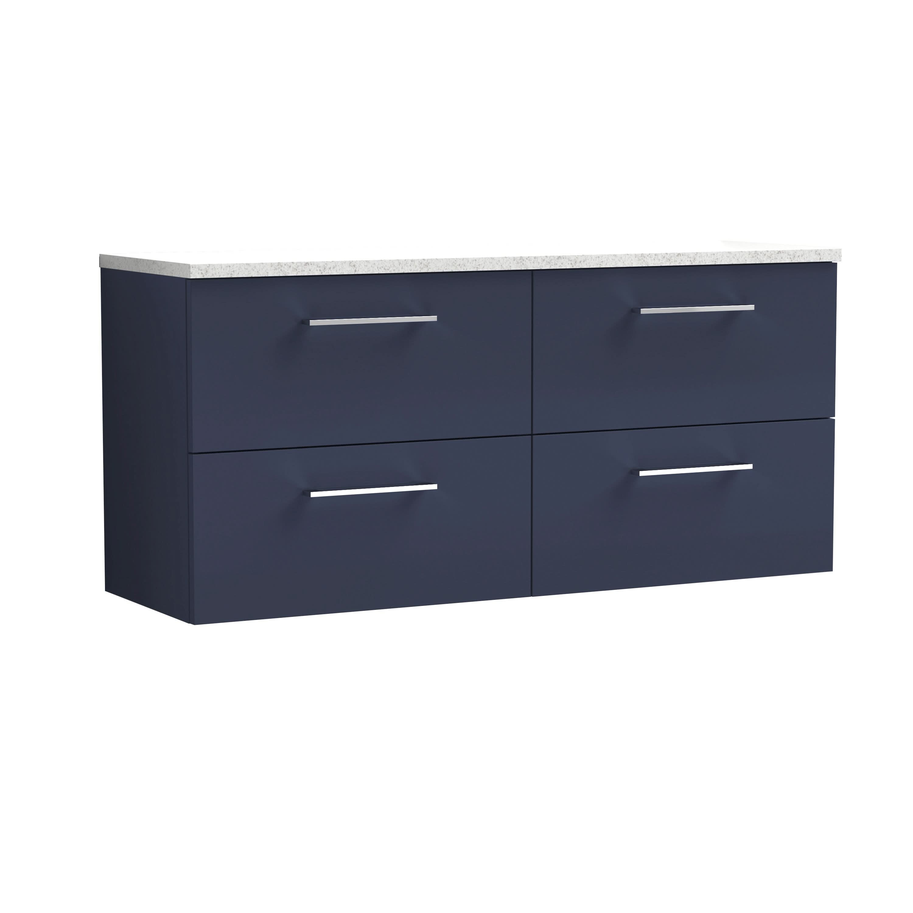Nuie Arno Wall Hung 4-Drawer Vanity & Sparkling White Laminate Worktop, Stylish Counter Top Vanity Unit in Midnight Blue, 1200mm