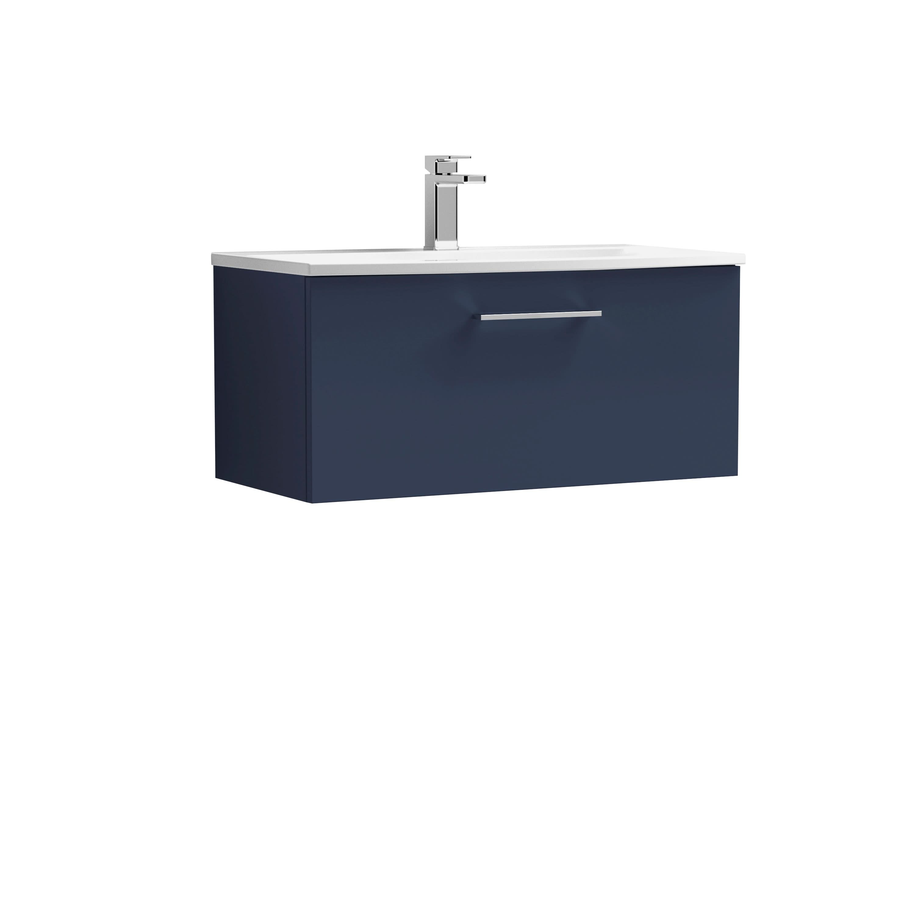 Nuie Arno Wall Hung 1 Drawer Vanity Unit & Curved Ceramic Basin, Sleek Wall Hung Vanity Unit in Midnight Blue, 800mm