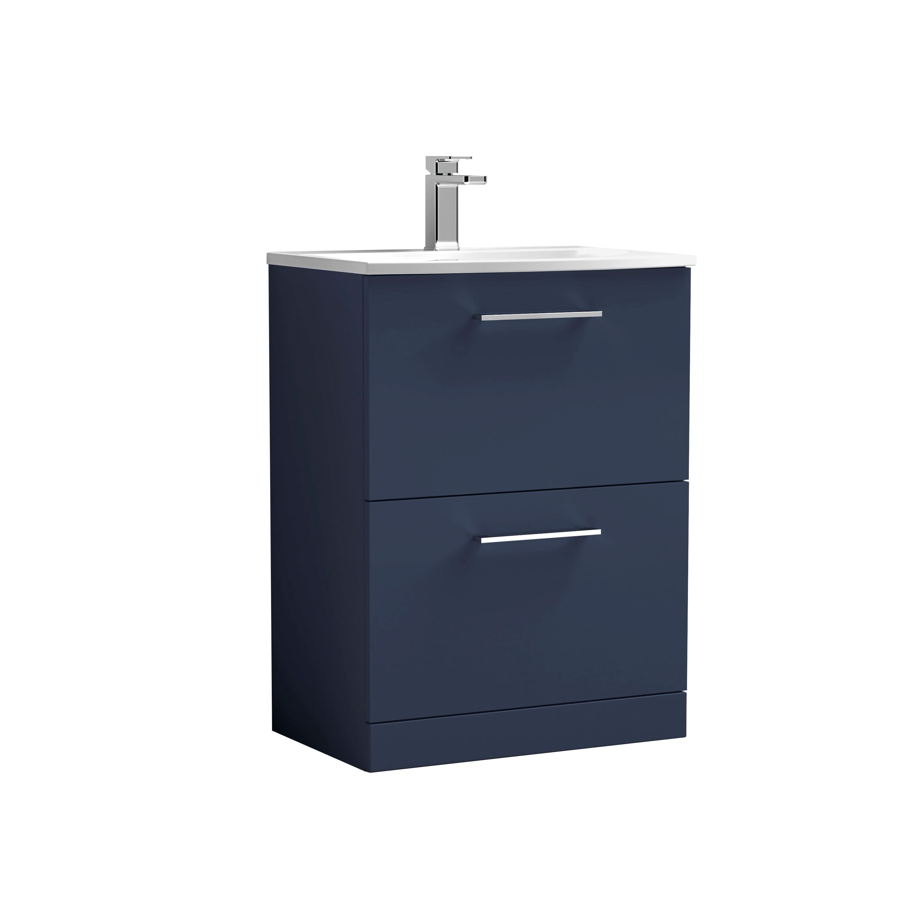 Nuie Arno Floor Standing 2 Drawer Vanity Unit & Curved Ceramic Basin, Stylish Bathroom Vanity Unit in Midnight Blue, 600mm