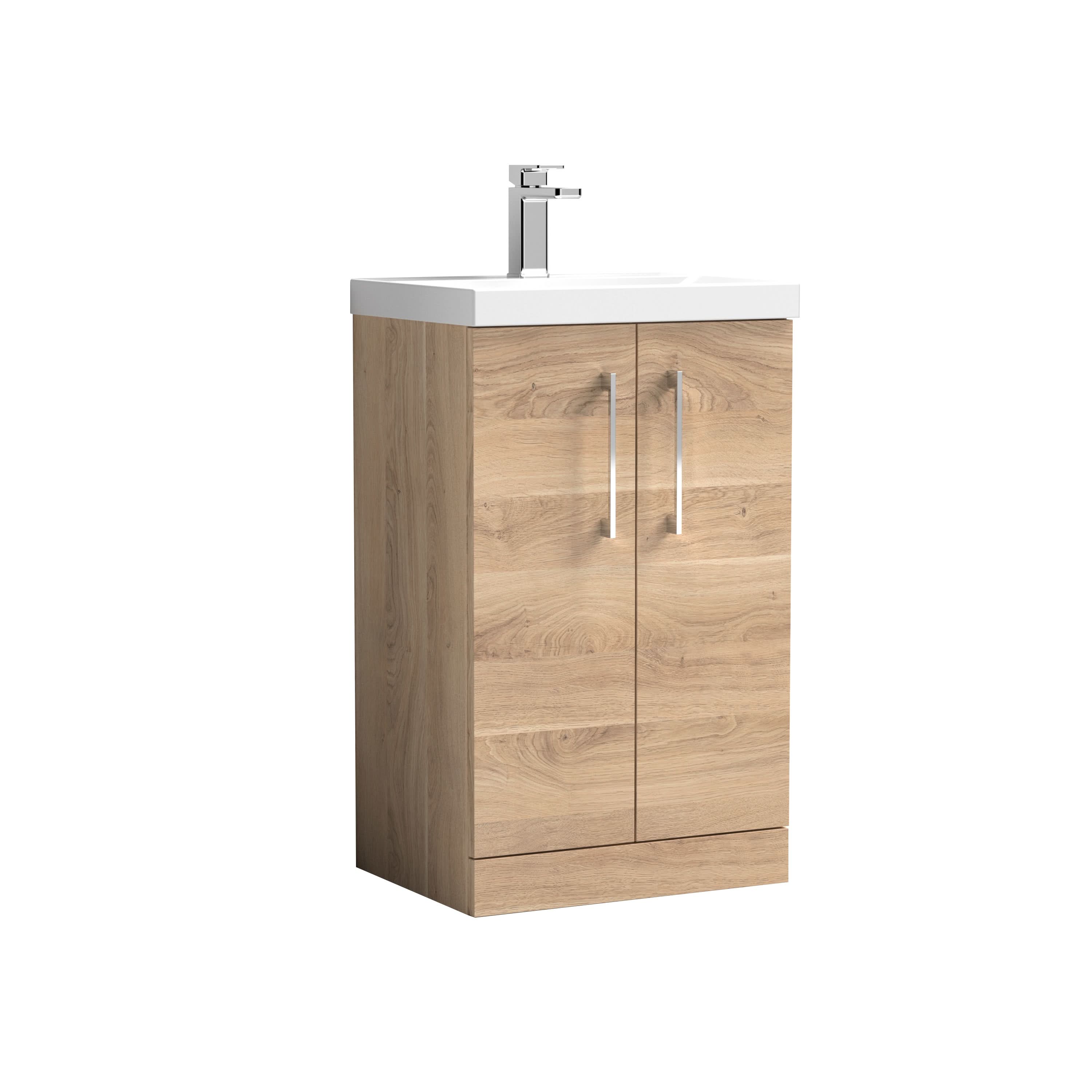 Nuie Arno Floor Standing 2 Door Vanity Unit & Mid-Edge Ceramic Basin, Compact Sink Vanity Unit in Bleached Oak, 500mm