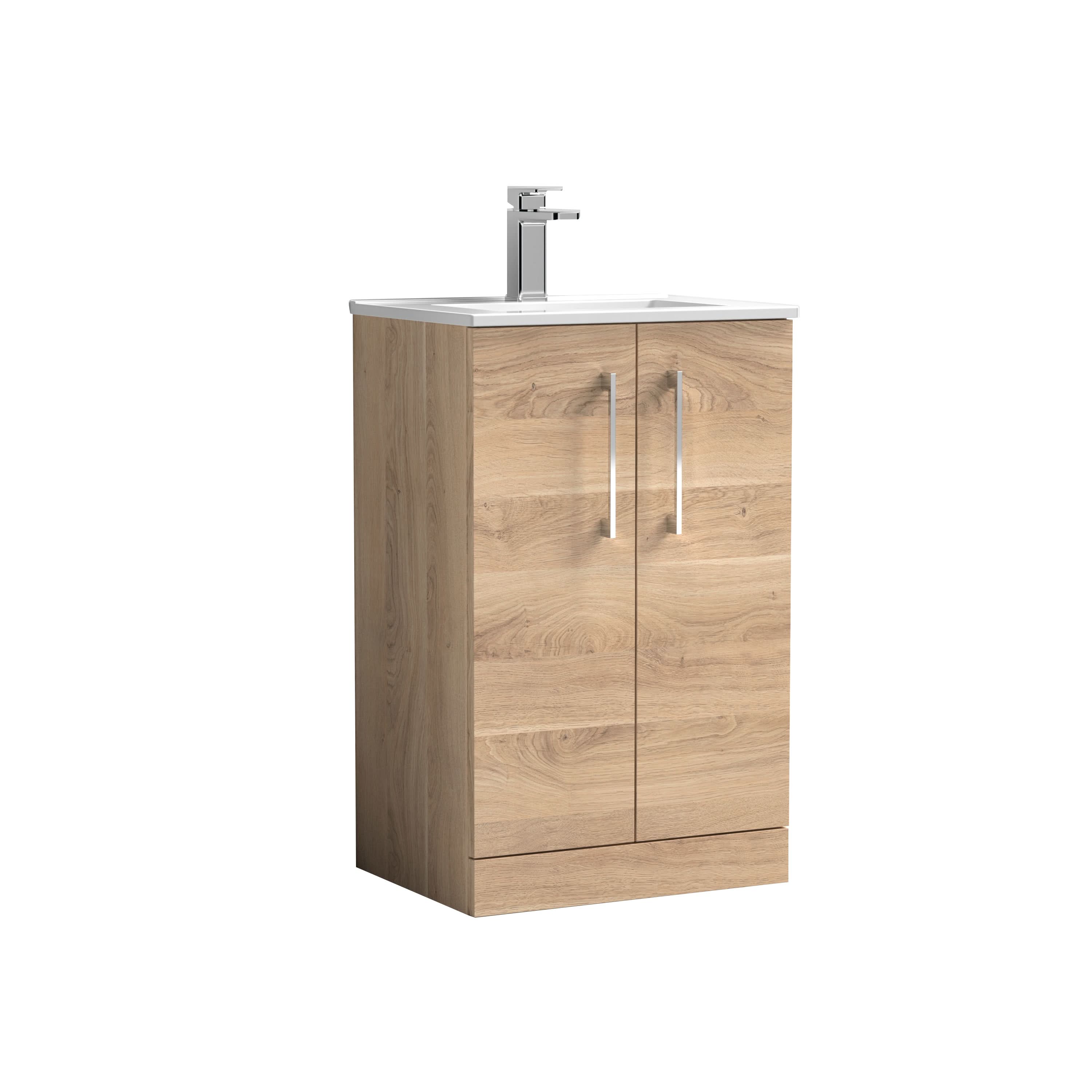 Nuie Arno Floor Standing 2 Door Vanity Unit & Minimalist Ceramic Basin, Stylish Sink Vanity Unit in Bleached Oak, 500mm