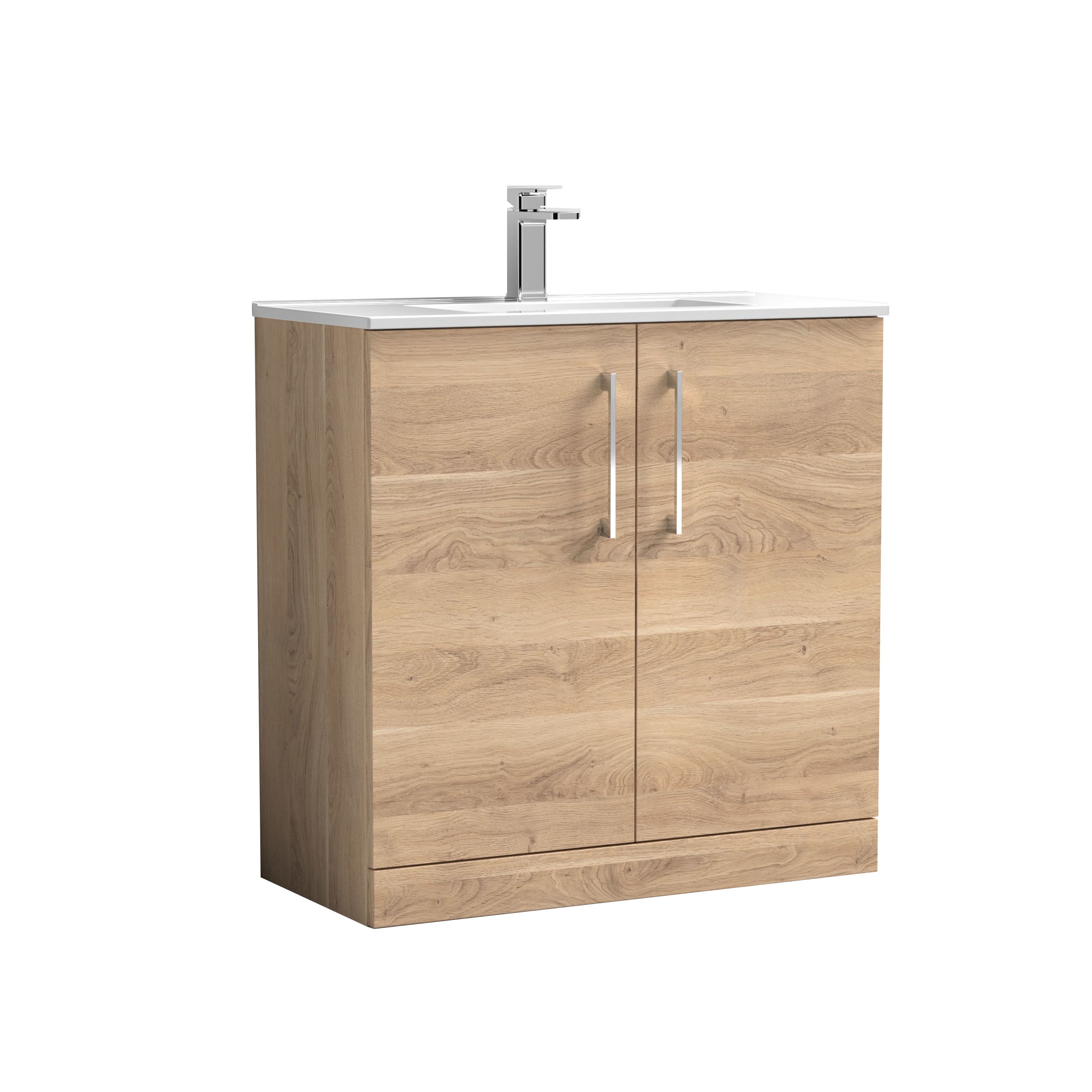 Nuie Arno Floor Standing 2 Door Vanity Unit & Minimalist Ceramic Basin, Stylish Sink Vanity Unit in Bleached Oak, 800mm