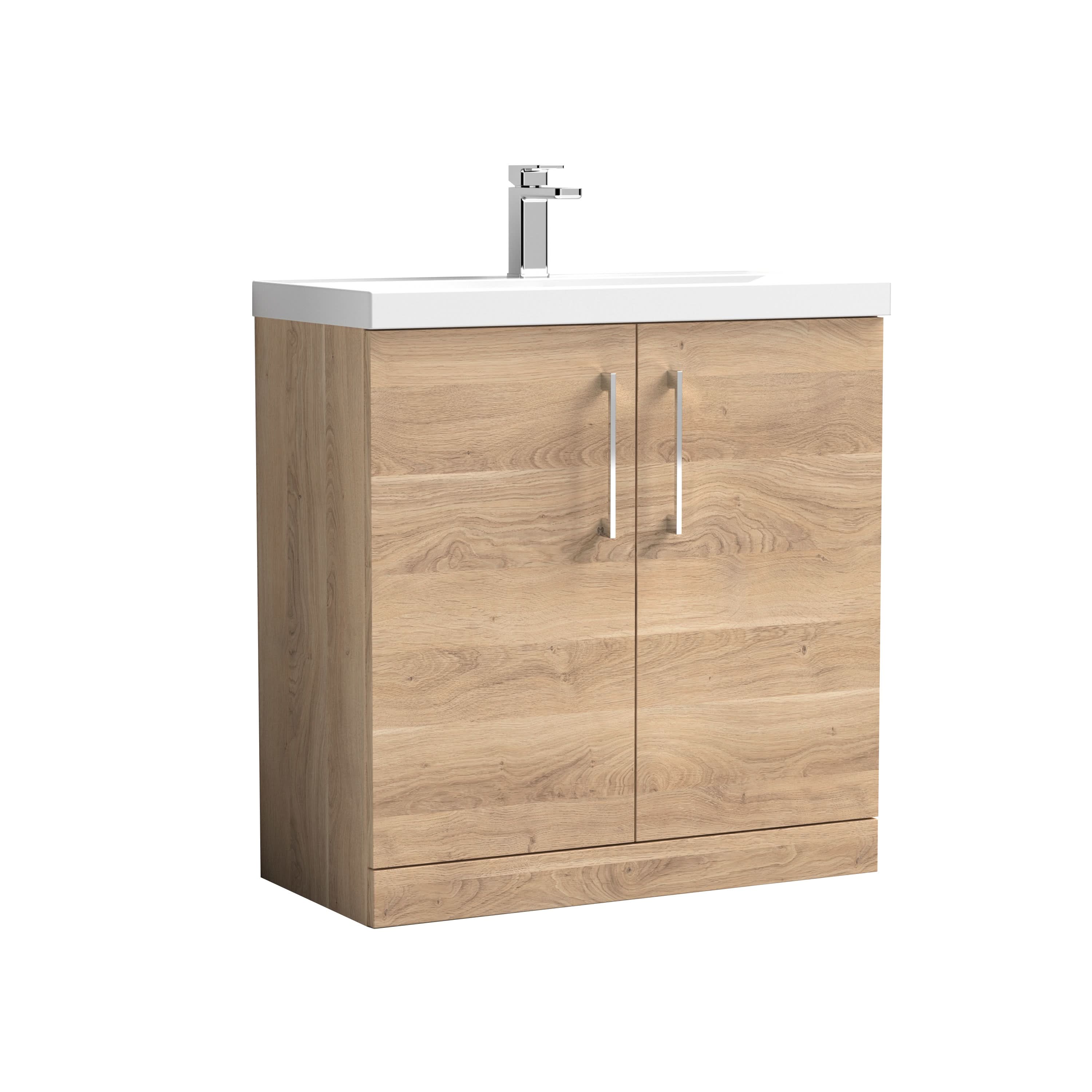 Nuie Arno Floor Standing 2 Door Vanity Unit & Thin-Edge Ceramic Basin, Stylish Sink Vanity Unit in Bleached Oak, 800mm