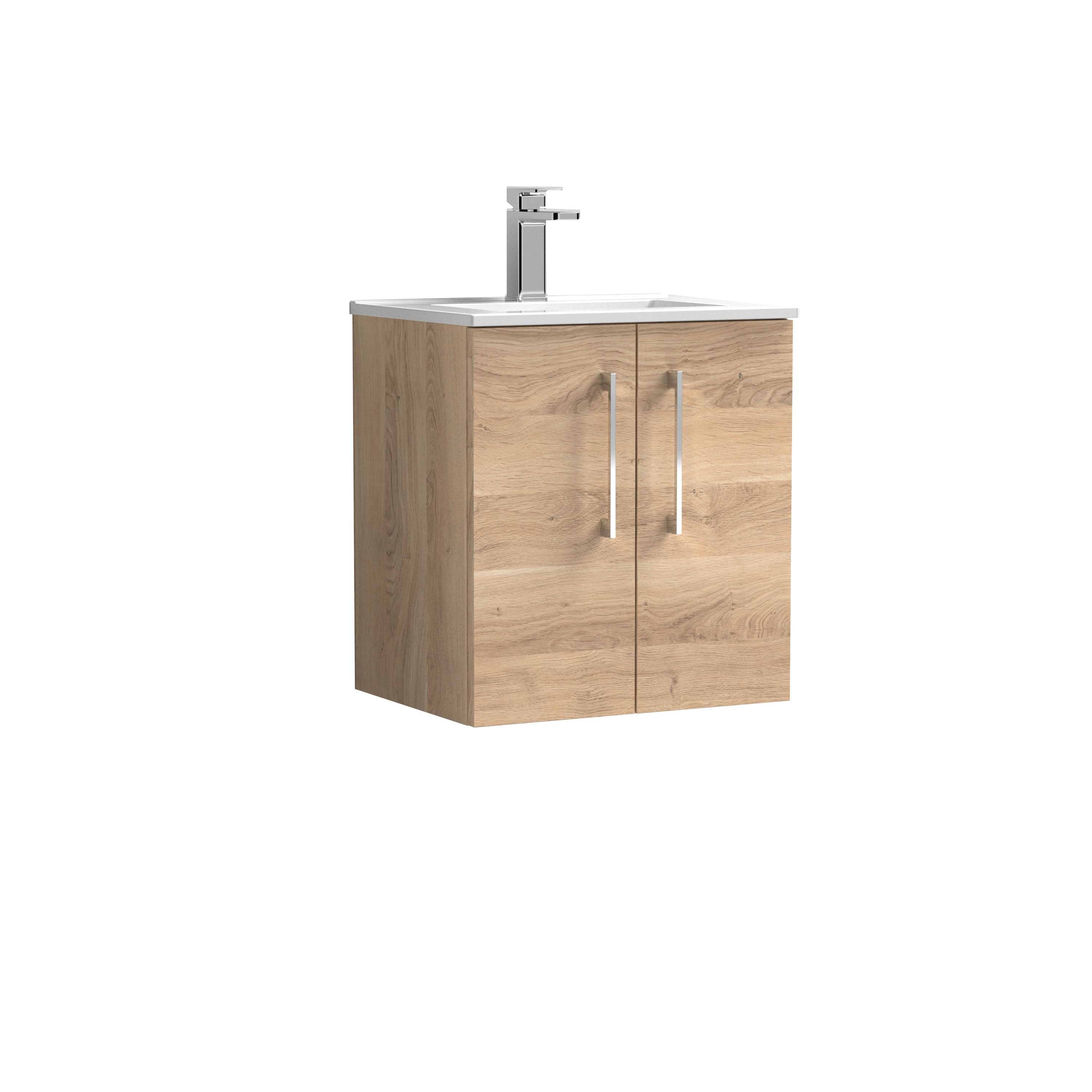 Nuie Arno Wall Hung 2-Door Vanity Unit & Minimalist Ceramic Basin, Contemporary Vanity Unit with Basin, Bleached Oak, 500mm