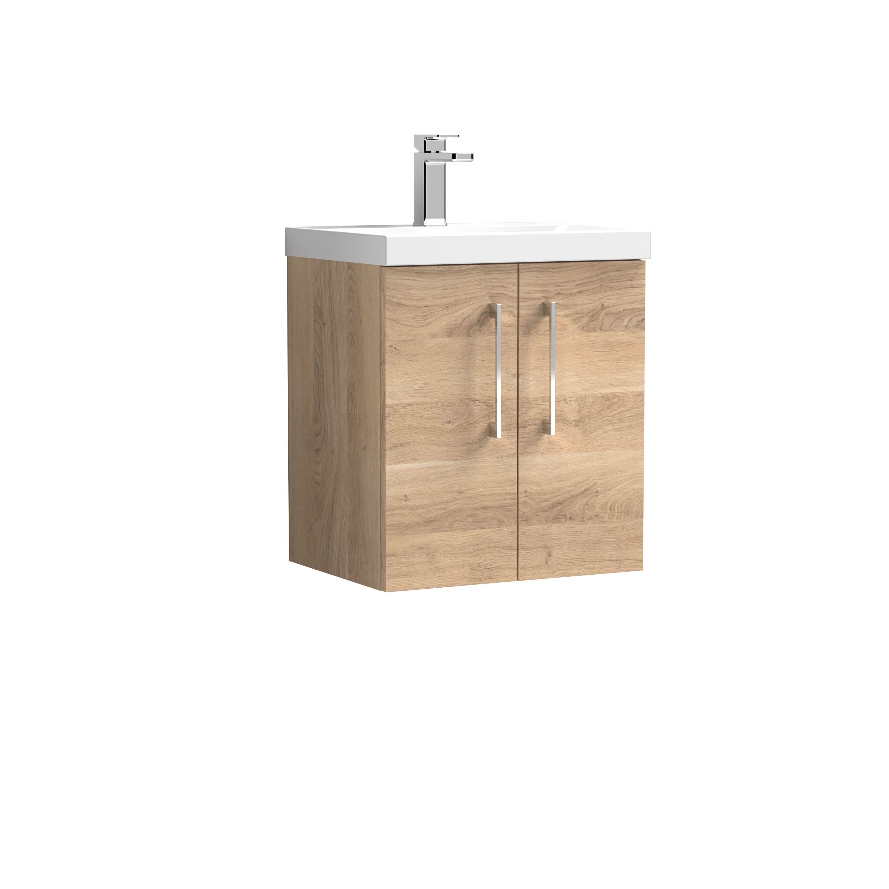 Nuie Arno Wall Hung 2-Door Vanity Unit & Thin-Edge Ceramic Basin, Contemporary Vanity Unit with Basin, Bleached Oak, 500mm