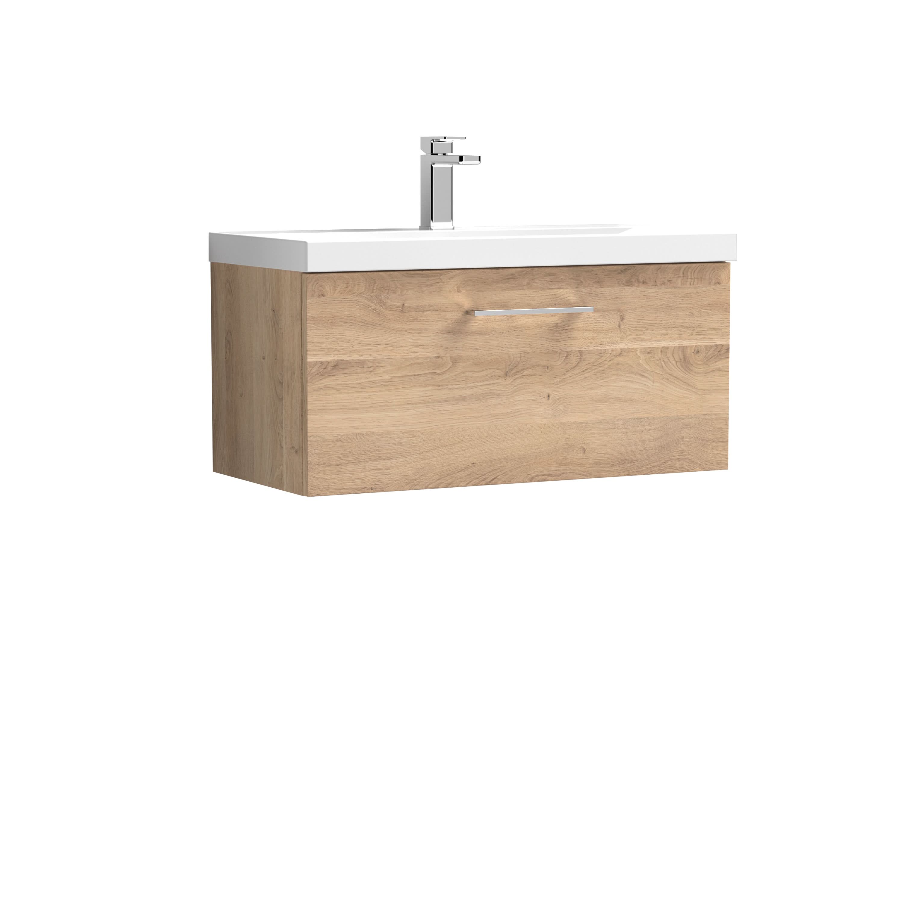 Nuie Arno Wall Hung 1-Drawer Vanity Unit & Thin-Edge Ceramic Basin, Modern Sink Vanity Unit with Soft Close Storage in Bleached Oak, 800mm