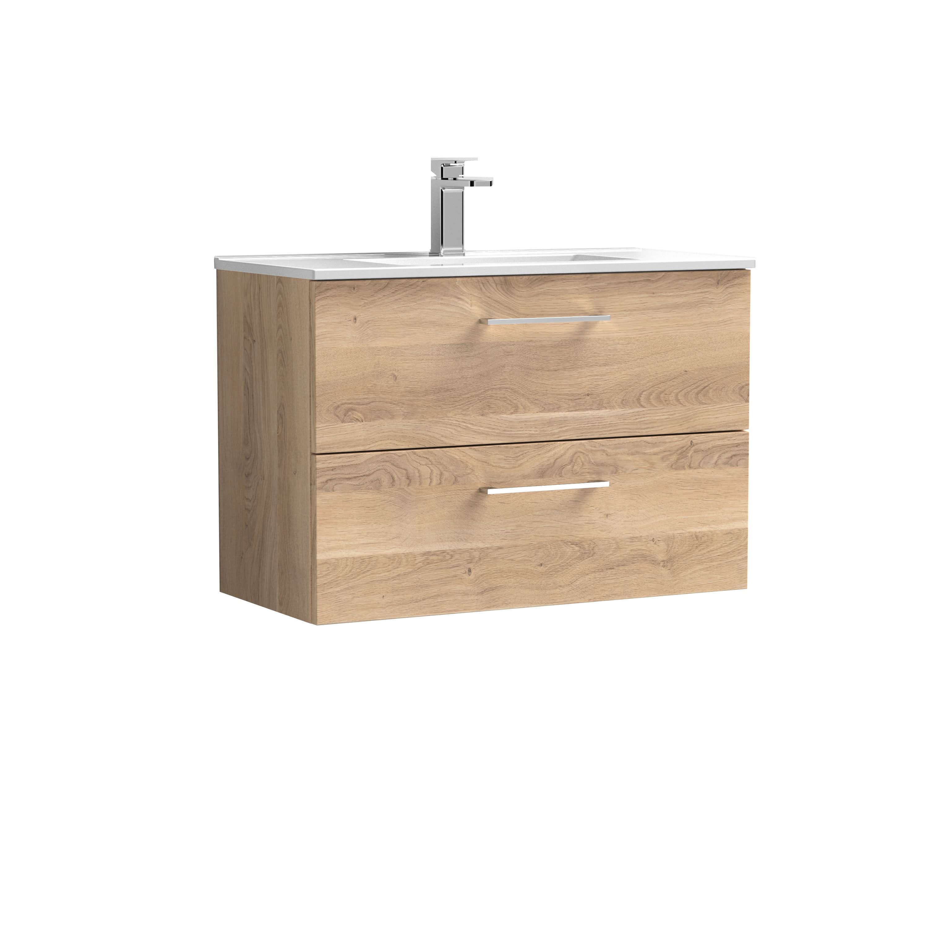 Nuie Arno Wall Hung 2-Door Vanity Unit & Minimalist Ceramic Basin, Contemporary Vanity Unit with Basin, Bleached Oak, 800mm