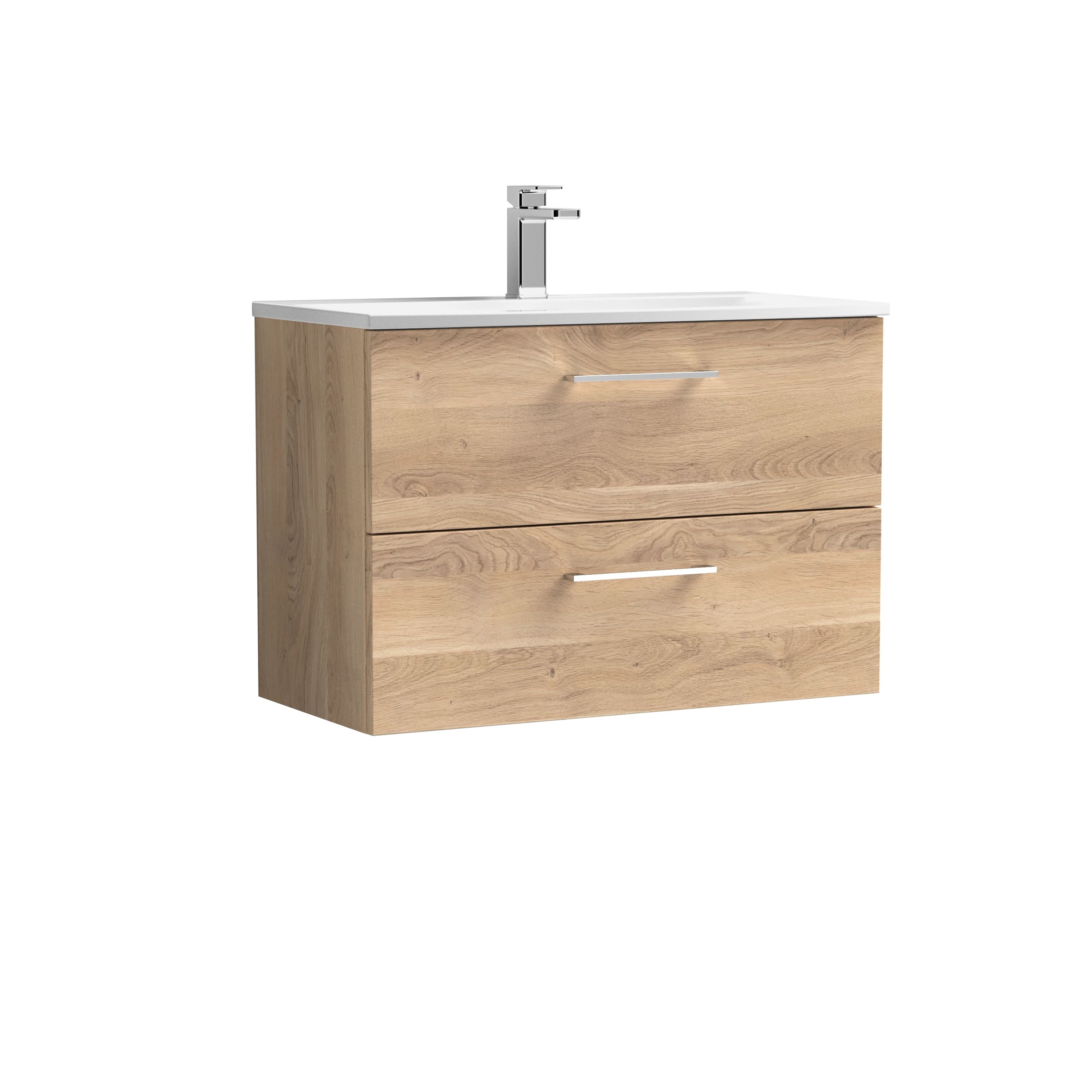 Nuie Arno Wall Hung 2 Drawer Vanity Unit & Curved Ceramic Basin, Contemporary Sink Vanity Unit in Bleached Oak, 800mm