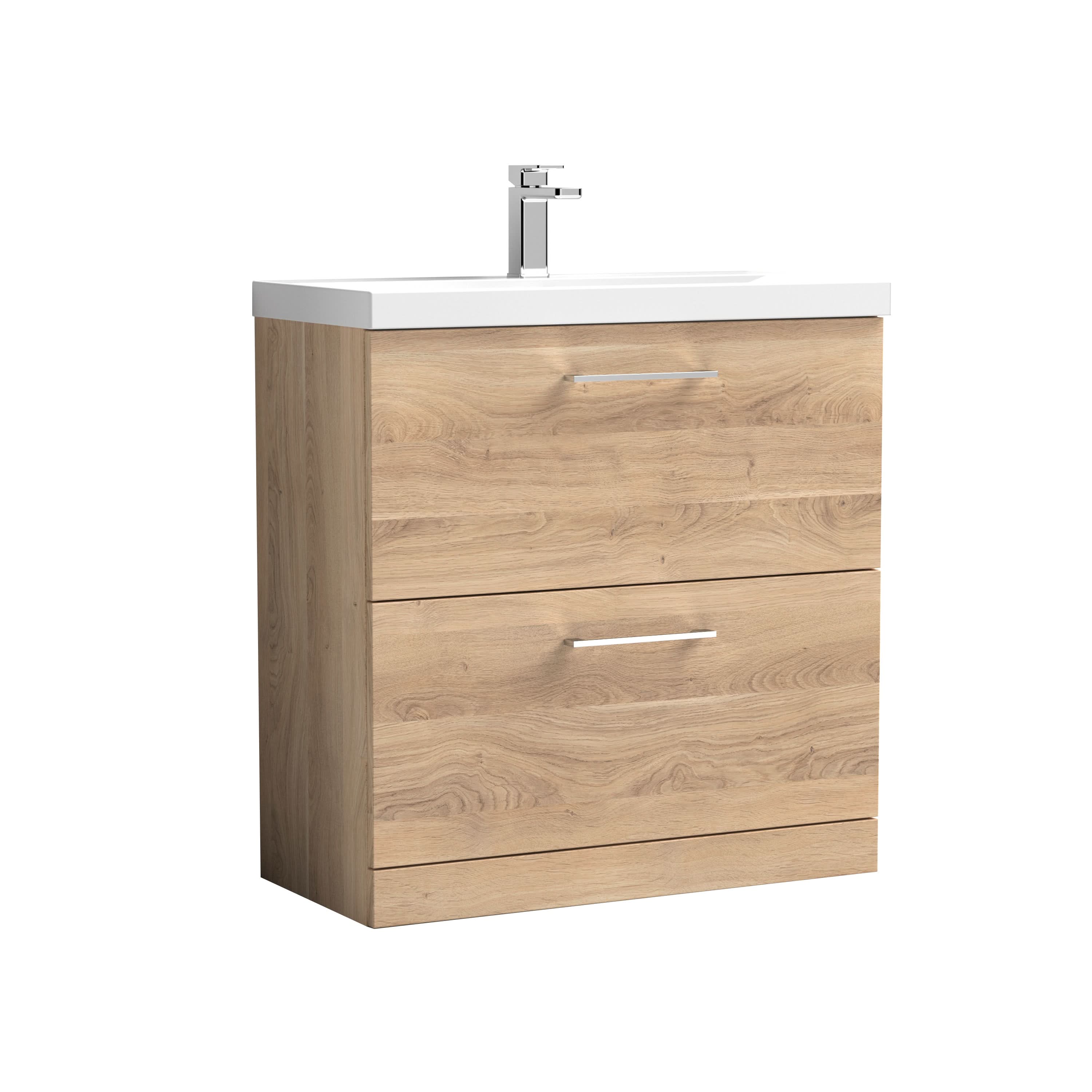 Nuie Arno Floor Standing 2 Drawer Vanity Unit & Mid-Edge Ceramic Basin, Contemporary Sink Vanity Unit in Bleached Oak, 800mm