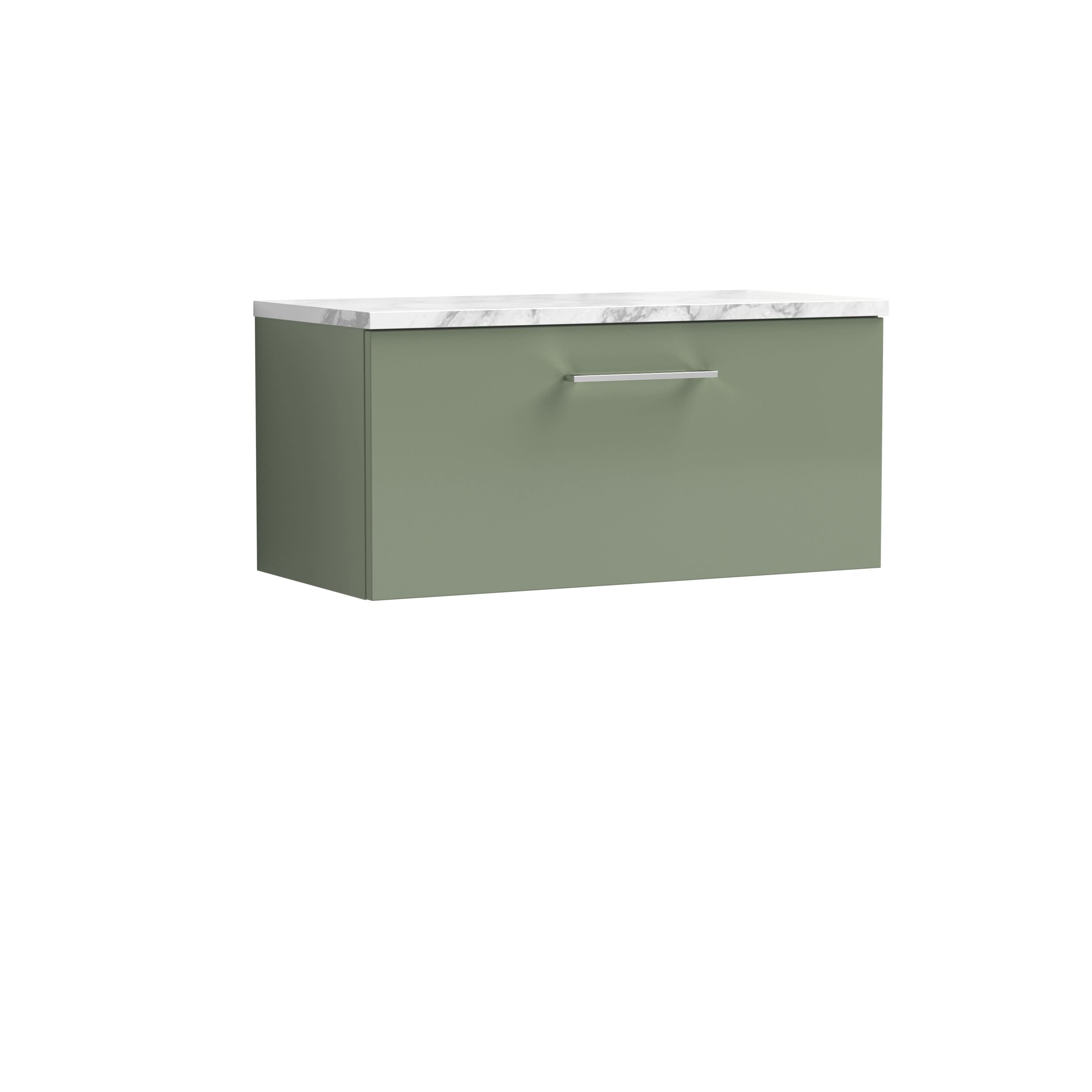 Nuie Arno Wall Hung 1-Drawer Vanity Unit with Laminate Worktop in Satin Green Premium Counter Top Vanity Unit in Satin Green, 800mm