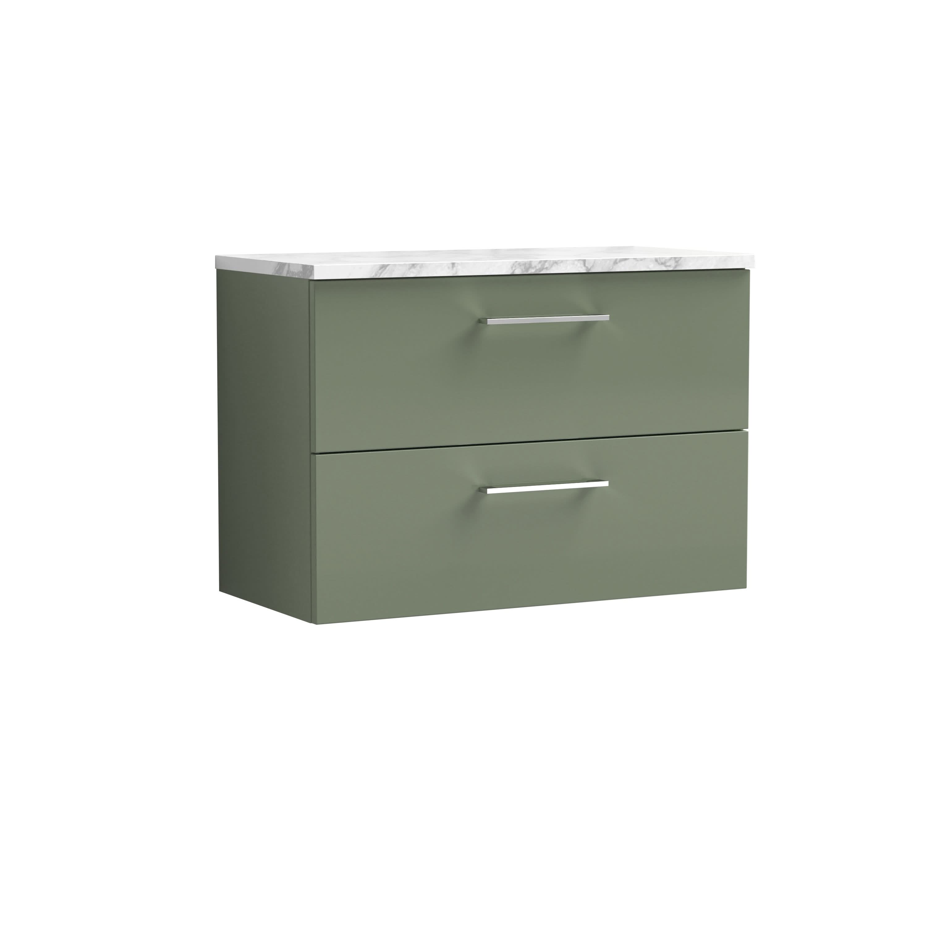 Nuie Arno Wall Hung 2-Drawer Vanity Unit with Laminate Worktop in Satin Green Premium Counter Top Vanity Unit in Satin Green, 800mm