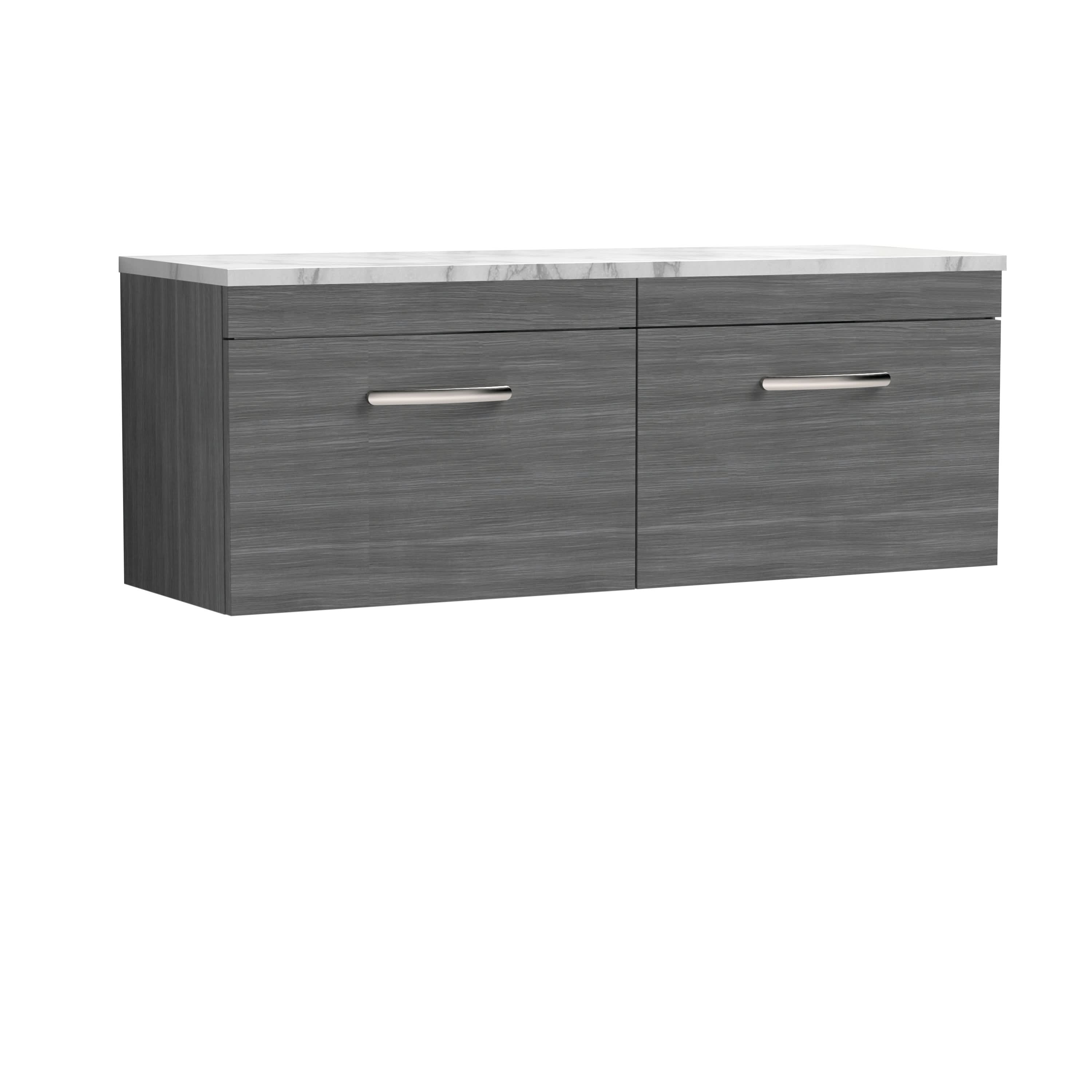 Nuie Arno Wall Hung 2-Drawer Vanity Unit with Laminate Worktop in Carrera Marble, Elegant Counter Top Vanity Unit in Anthracite Woodgrain, 1200mm