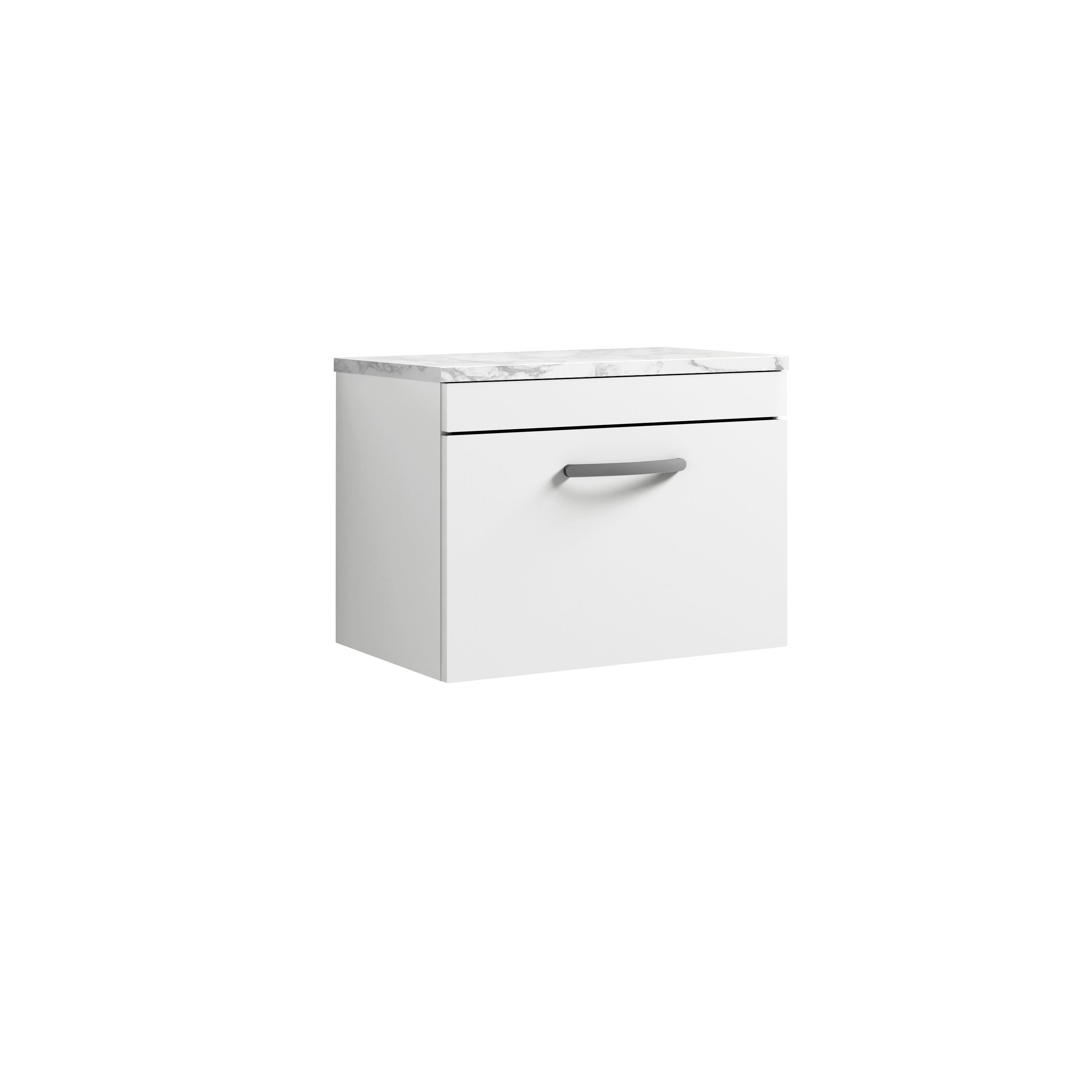 Nuie Arno Wall Hung Vanity Unit with 1 Soft-Close Drawer & Gloss White Laminate Top, Modern Counter Top Vanity Unit in Gloss White, 600mm