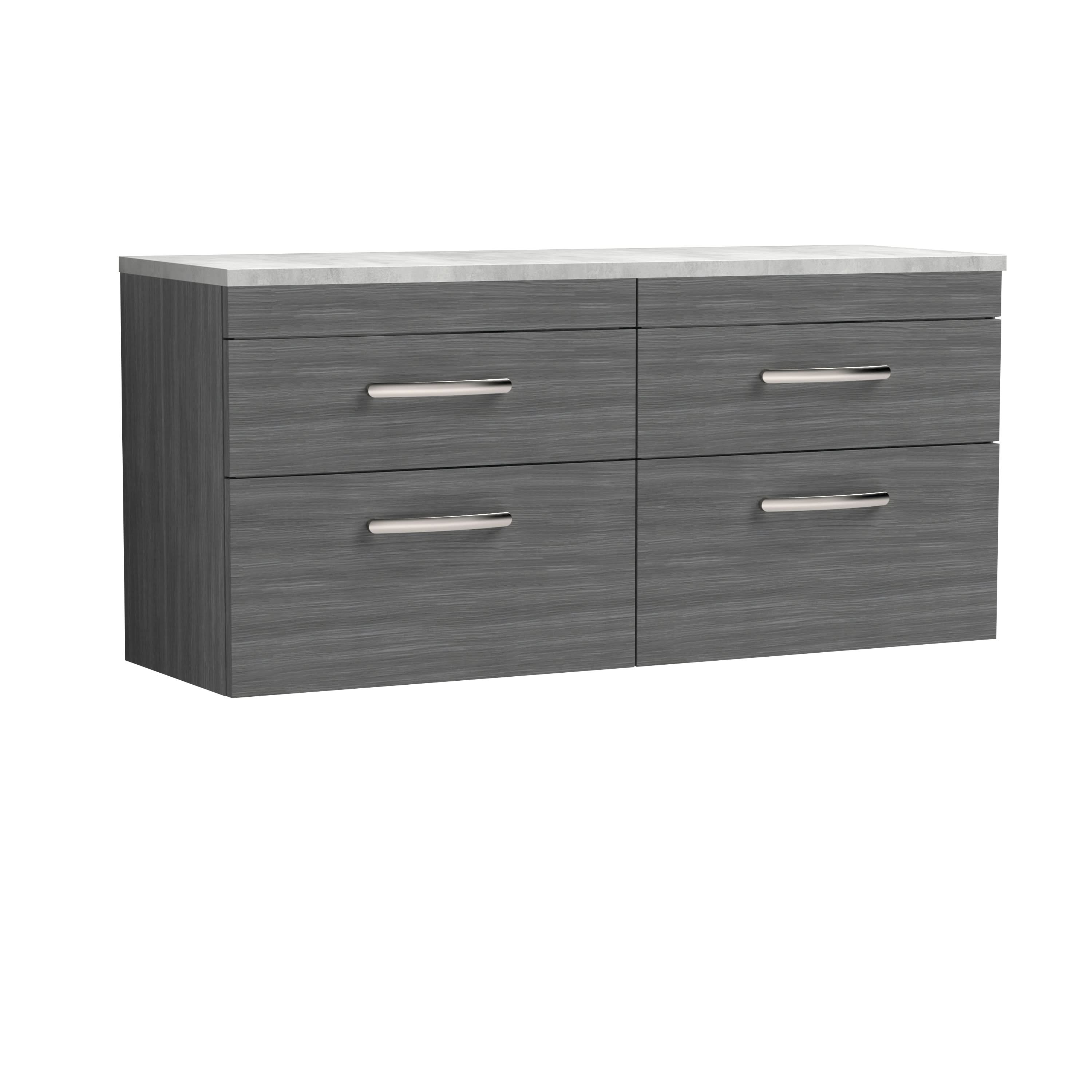 Nuie Arno Wall Hung 4-Drawer Vanity Unit with Laminate Worktop in Black Sparkle, Elegant Counter Top Vanity Unit in Anthracite Woodgrain, 1200mm