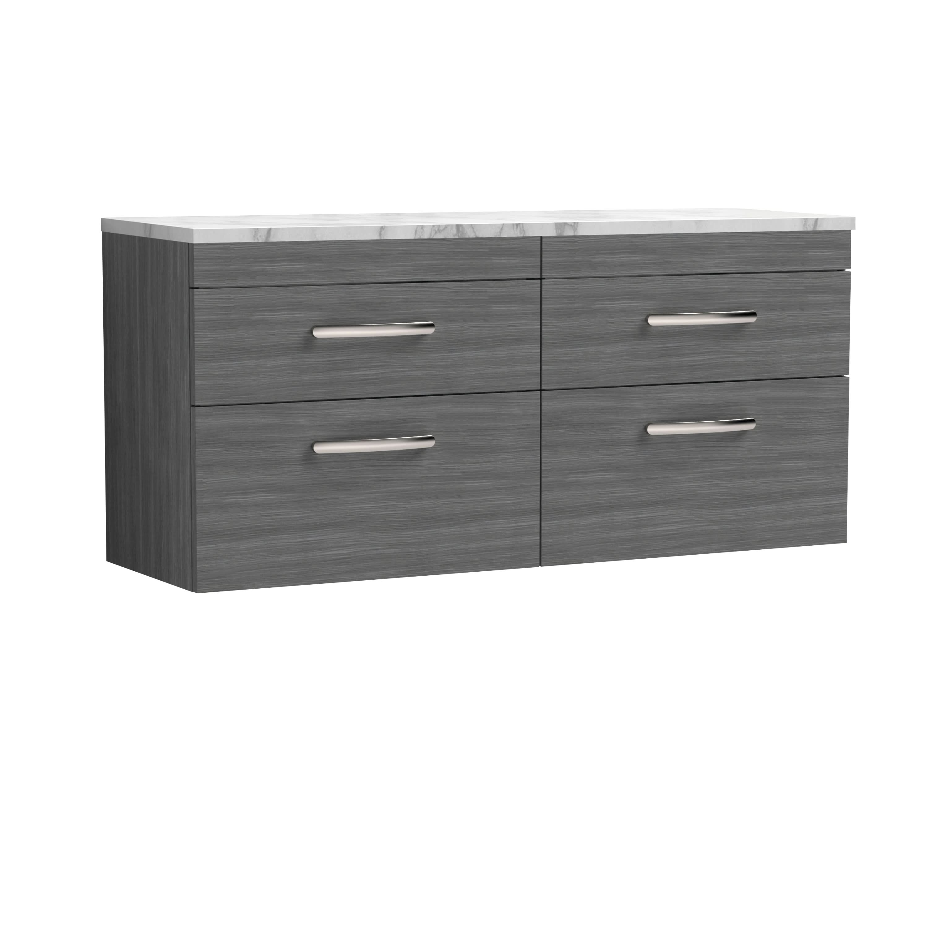 Nuie Arno Wall Hung 4-Drawer Vanity Unit with Laminate Worktop in Carrera Marble, Elegant Counter Top Vanity Unit in Anthracite Woodgrain, 1200mm