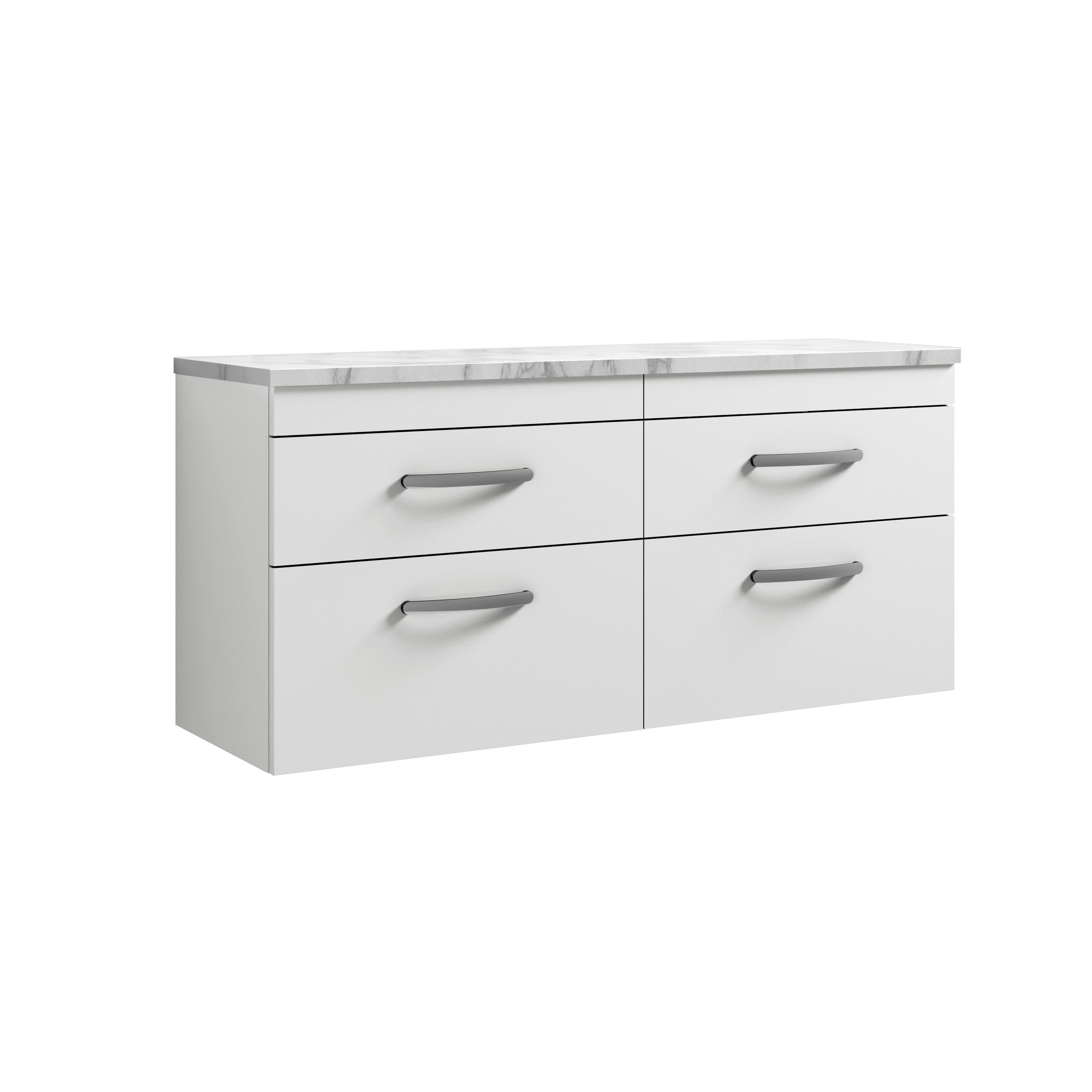 Nuie Arno Wall Hung Vanity Unit with 4 Soft-Close Drawers & Carrera Marble Laminate Top, Modern Counter Top Vanity Unit in Gloss White, 1200mm