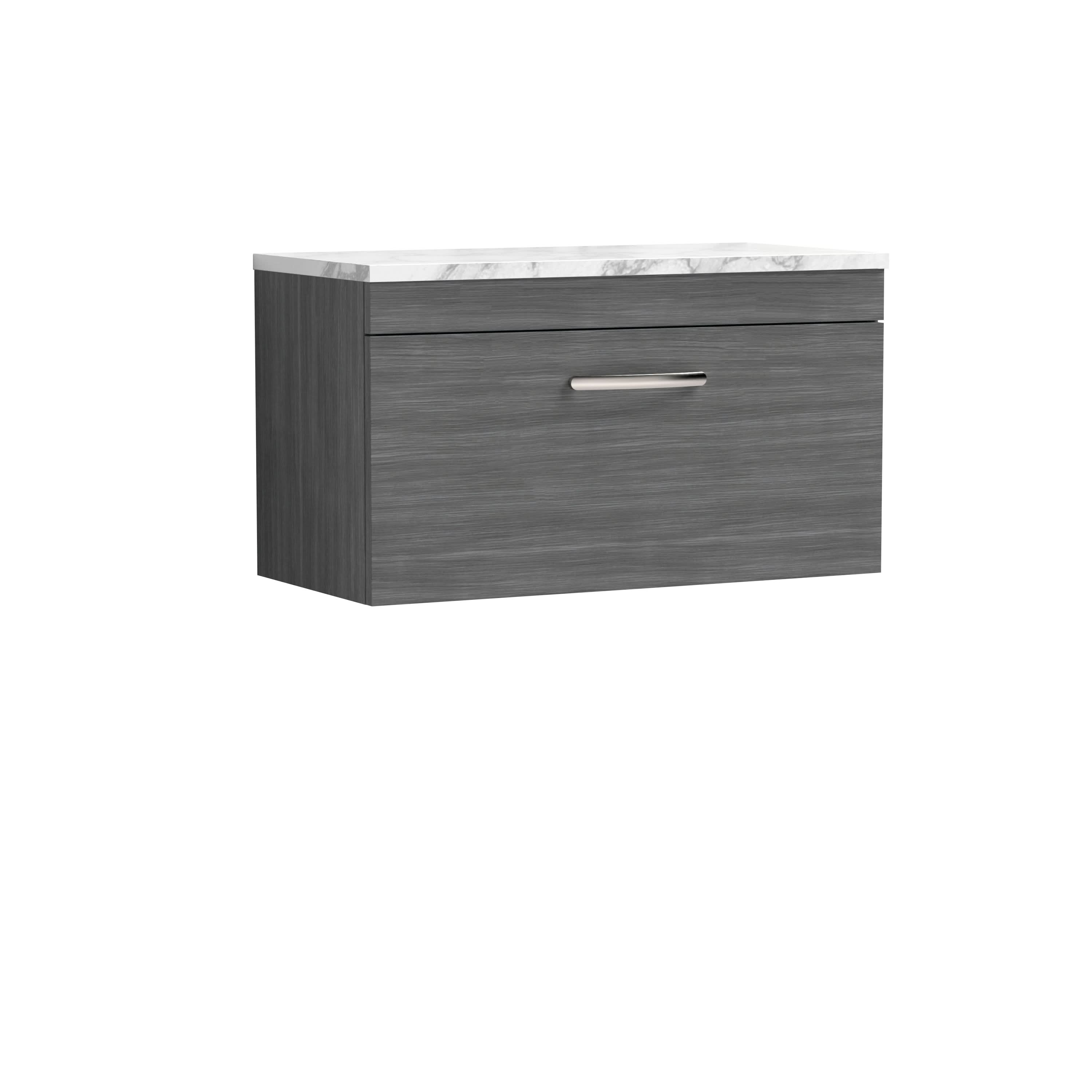 Nuie Arno Wall Hung 1-Drawer Vanity Unit with Laminate Worktop in Carrera Marble, Elegant Counter Top Vanity Unit in Anthracite Woodgrain, 800mm