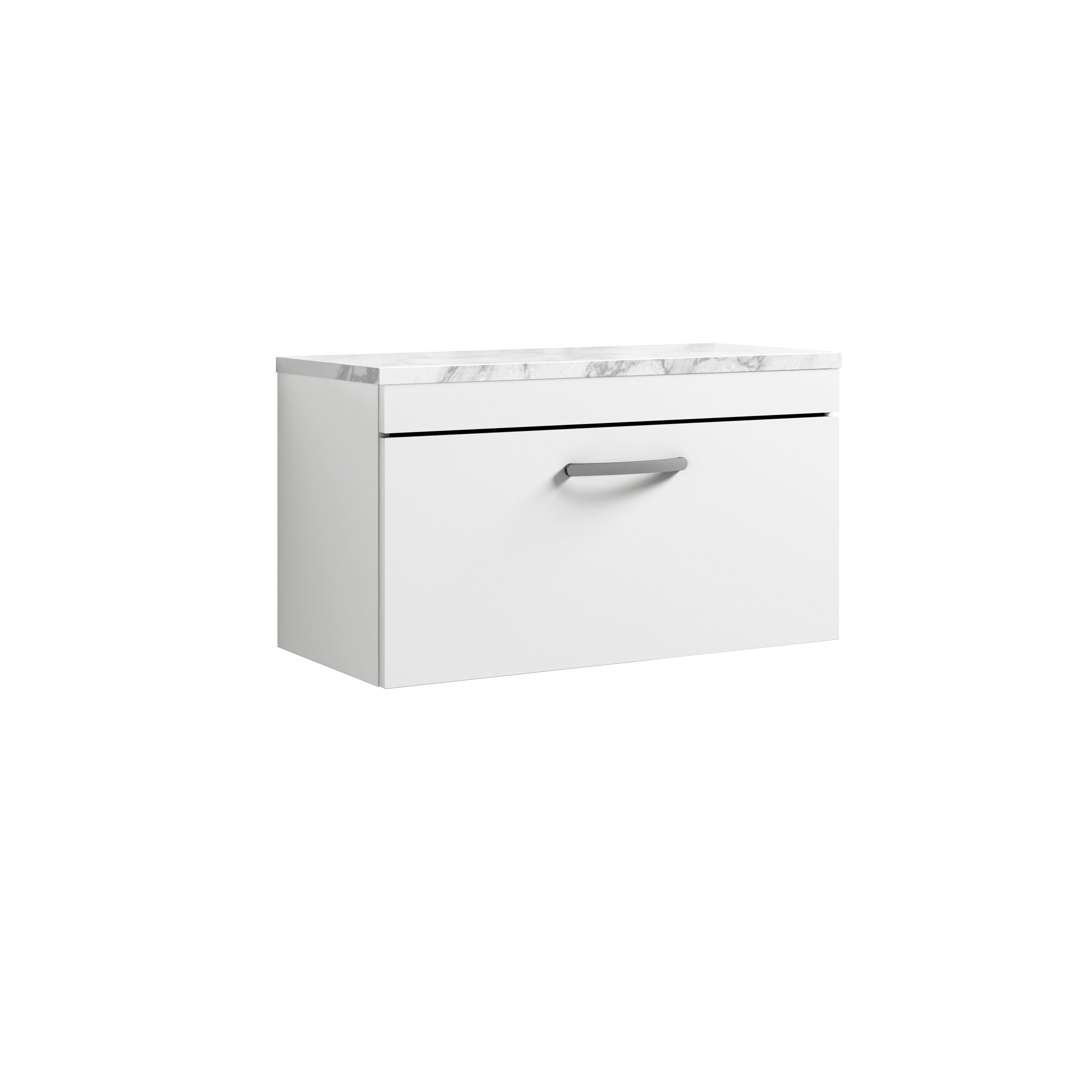 Nuie Arno Wall Hung Vanity Unit with 1 Soft-Close Drawer & Carrera Marble Laminate Top, Modern Counter Top Vanity Unit in Gloss White, 800mm