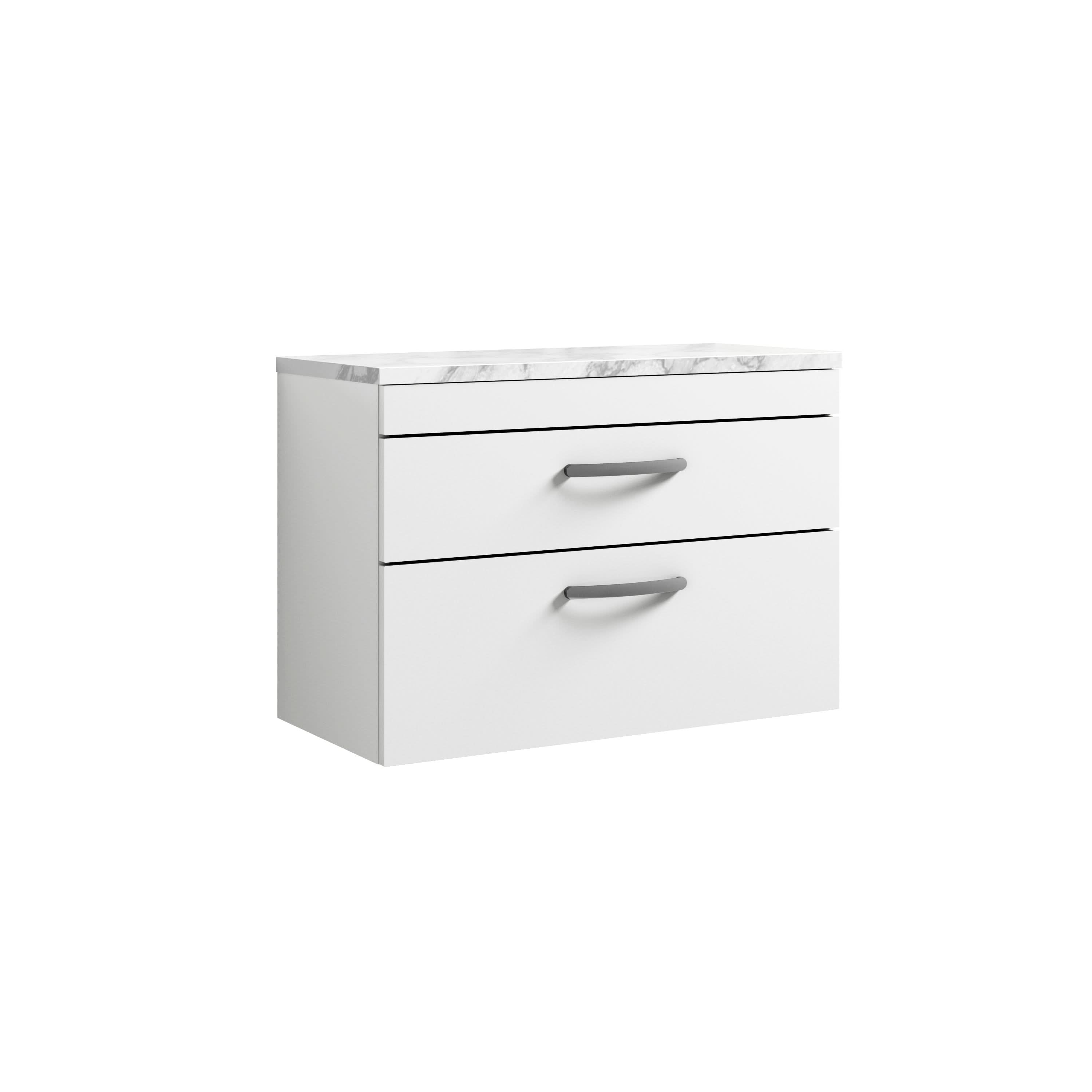 Nuie Arno Wall Hung Vanity Unit with 2 Soft-Close Drawers & Gloss Grey Laminate Top, Modern Counter Top Vanity Unit in Gloss White, 800mm