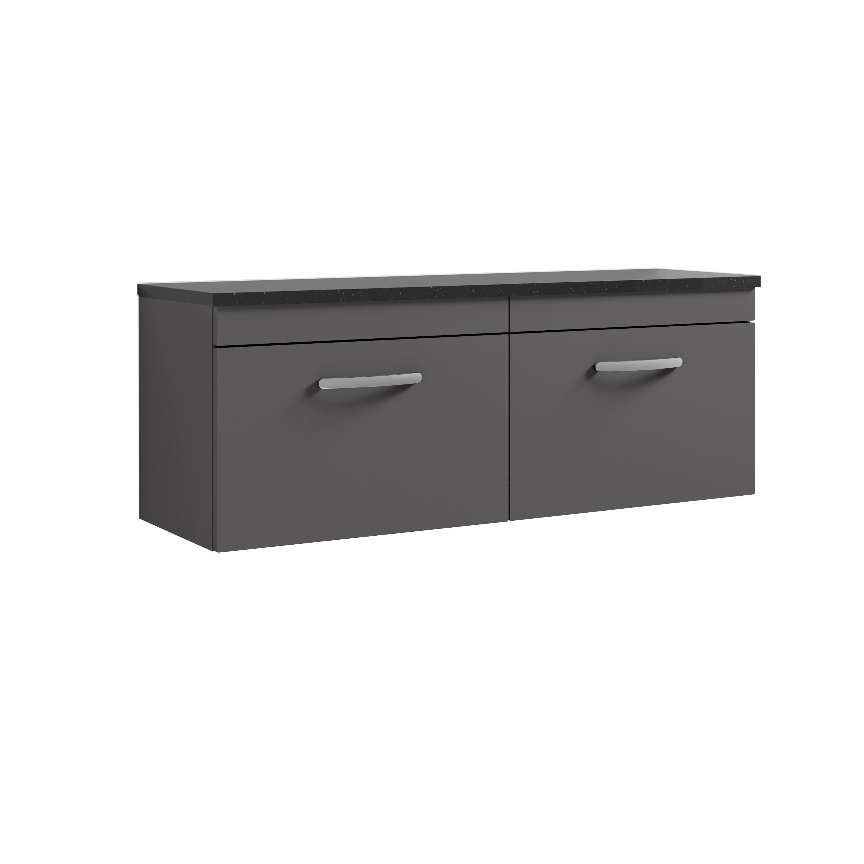 Nuie Athena Wall Hung 2-Drawer Vanity Unit & Black Laminate Worktop, Counter Top Vanity Unit in Gloss Grey, 1200mm