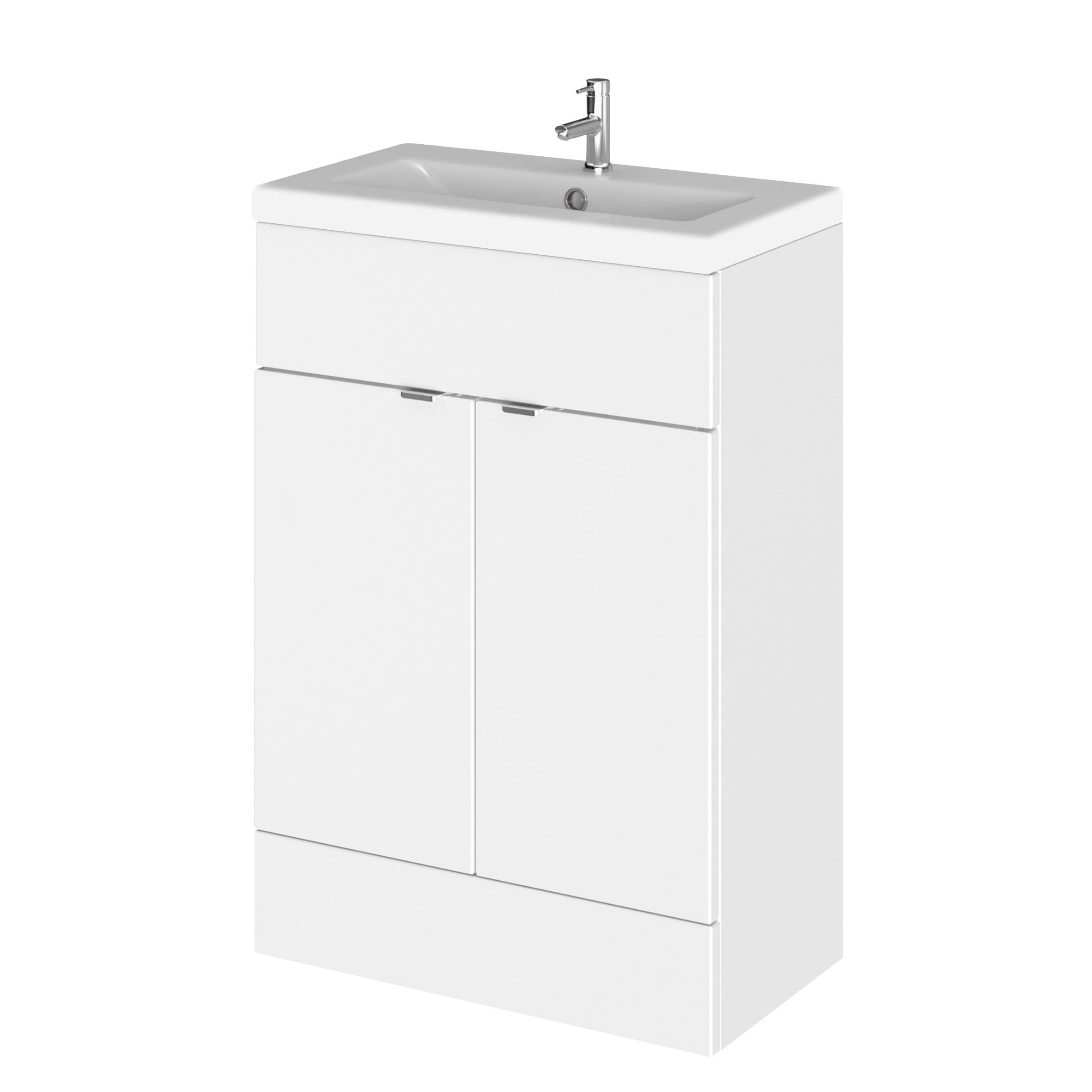 Hudson Reed Fusion Floor Standing 2 Door Vanity Unit & Ceramic Basin, Vanity Unit with Basin, Gloss White, 600mm