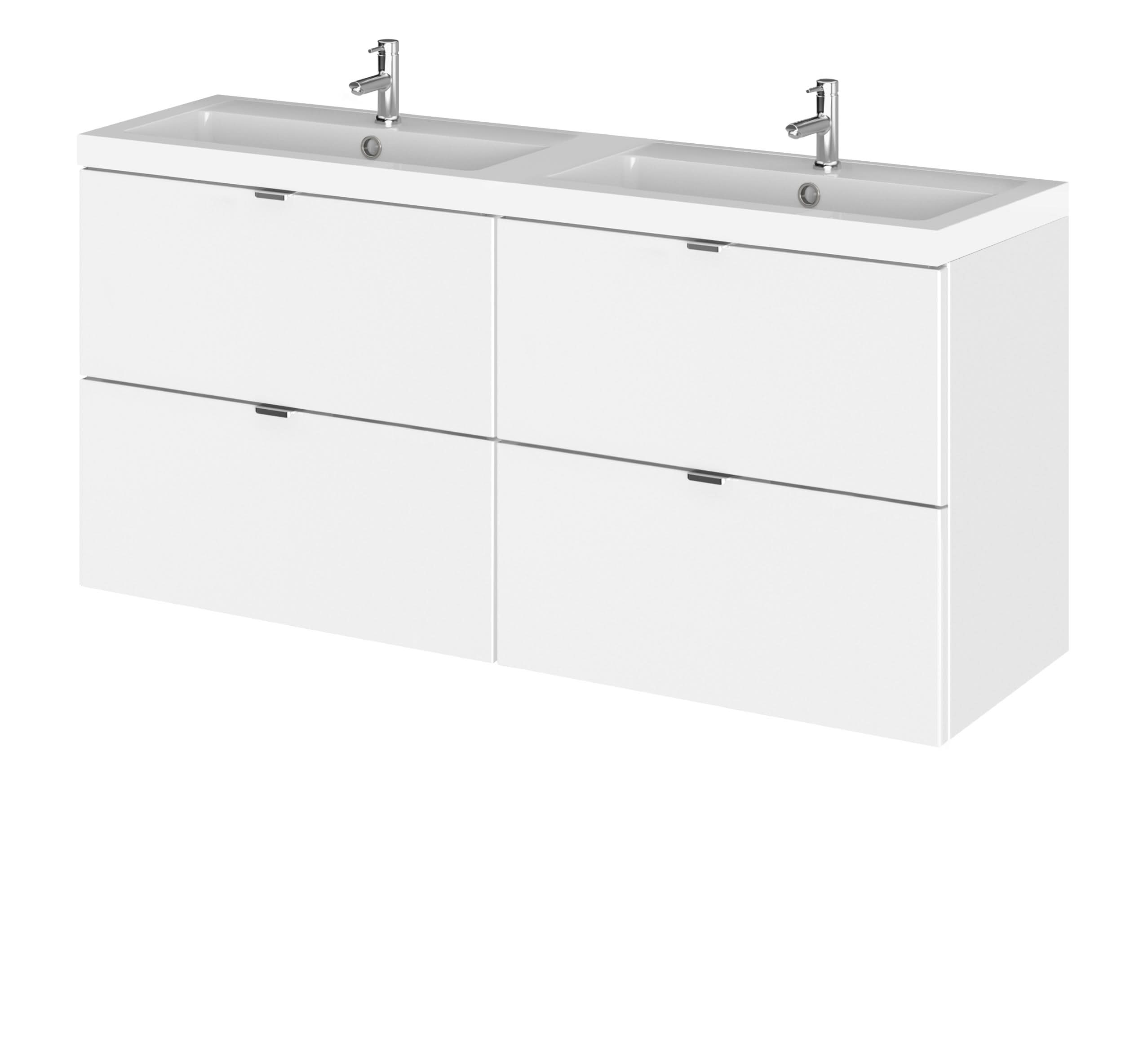 Hudson Reed Fusion Wall Hung 4 Drawer Vanity Unit & Twin Polymarble Basin, Stylish Vanity Unit with Basin, Gloss White, 1200mm