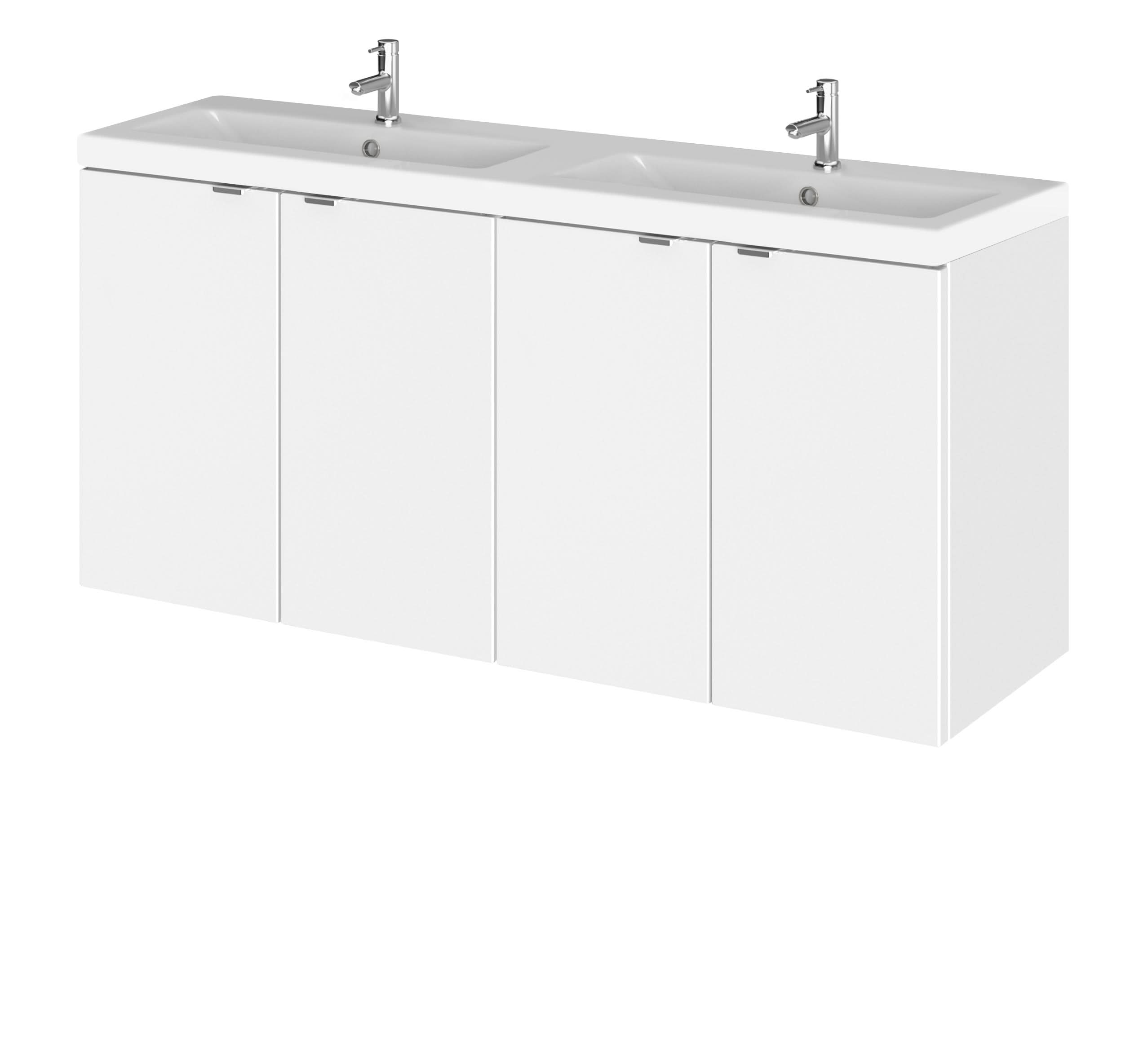 Hudson Reed Fusion Wall Hung 4 Door Vanity Unit & Twin Ceramic Basin, Stylish Vanity Unit with Basin, Gloss White, 1200mm