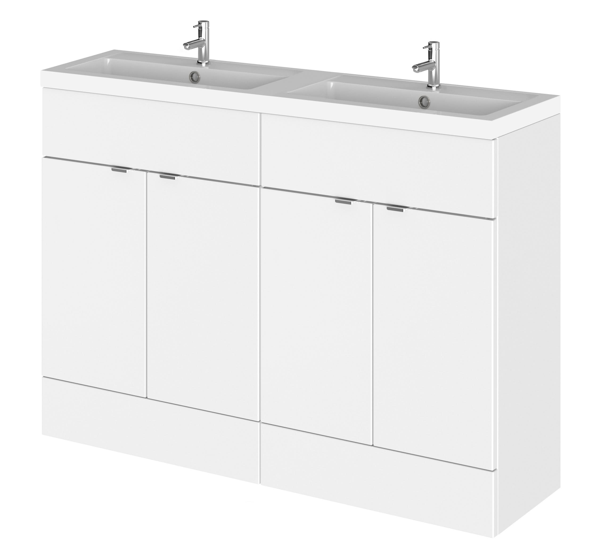 Hudson Reed Fusion Floor Standing 4 Door Vanity Unit & Twin Polymarble Basin, Stylish Vanity Unit with Basin, Gloss White, 1200mm