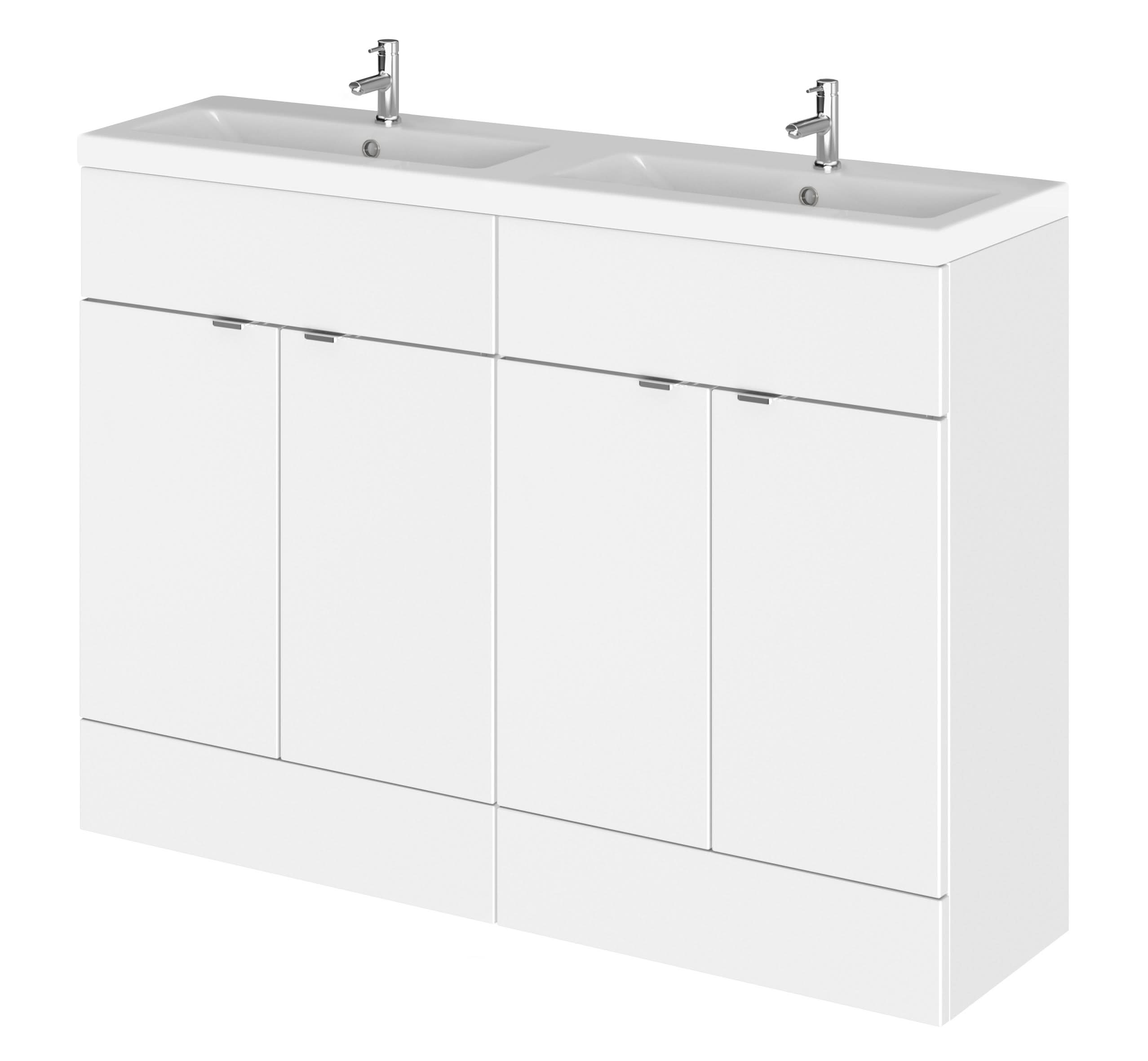 Hudson Reed Fusion Floor Standing 4 Drawer Vanity Unit & Twin Ceramic Basin, Stylish Vanity Unit with Basin, Gloss White, 1200mm
