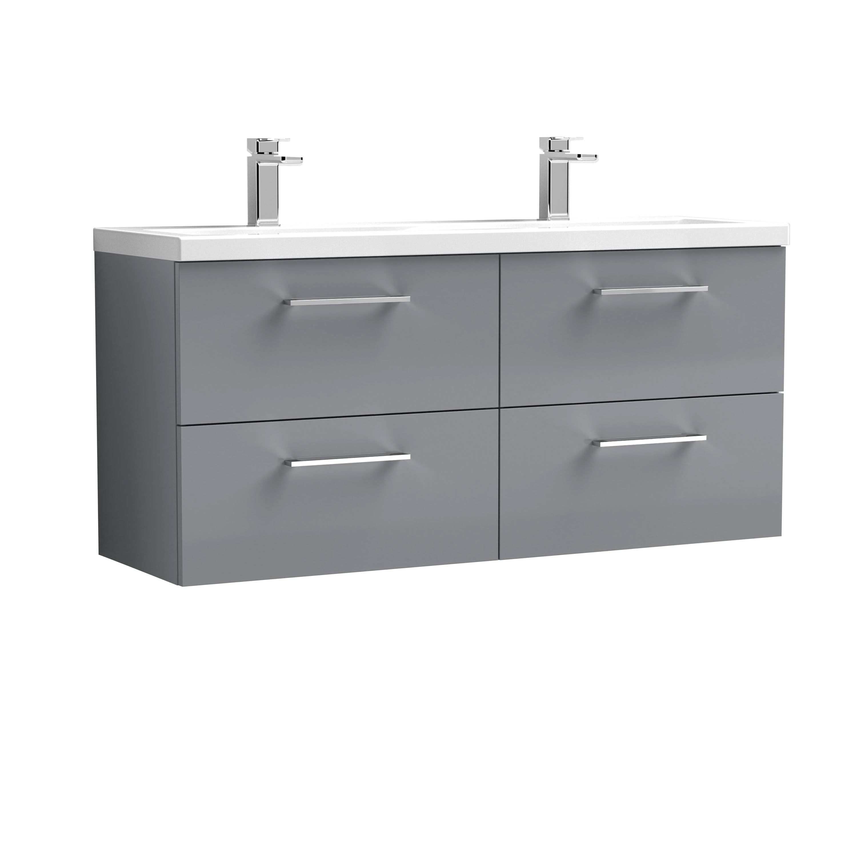 Nuie Arno Wall Hung 4 Drawer Vanity Unit & Double Ceramic Basin, Stylish Sink Vanity Unit in Satin Grey, 1200mm