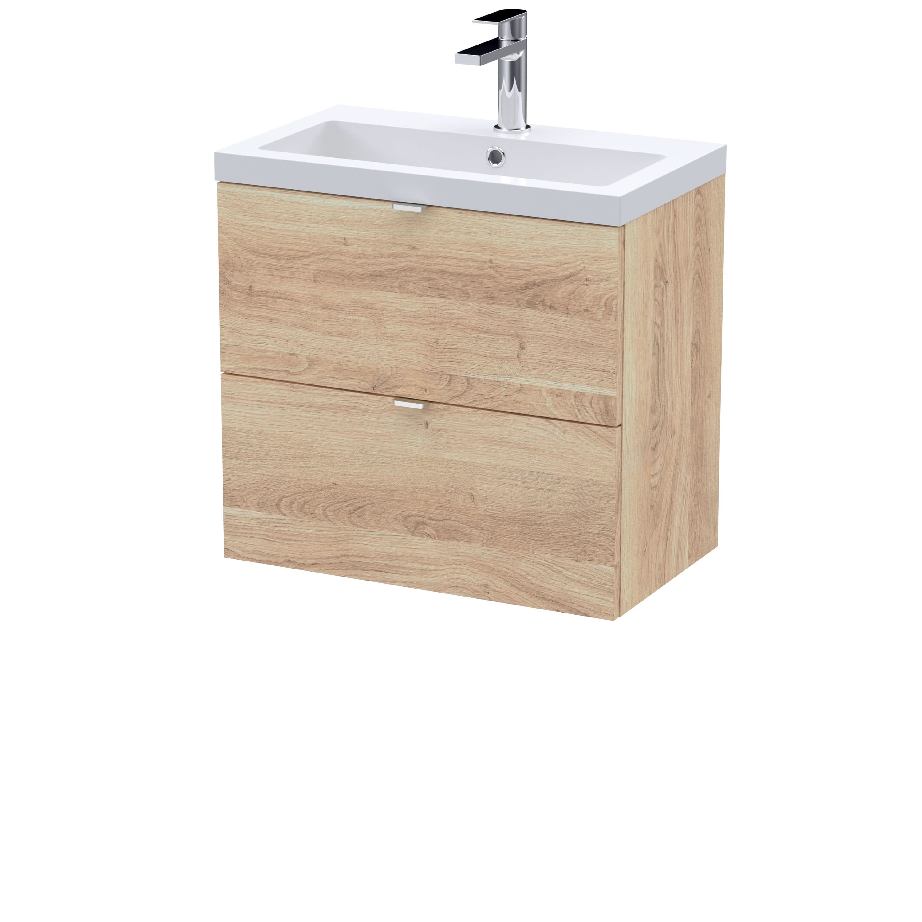 Hudson Reed Fusion Wall Hung 2-Drawer Vanity Unit & Polymarble Basin, Vanity Unit with Basin, Bleached Oak, 600mm