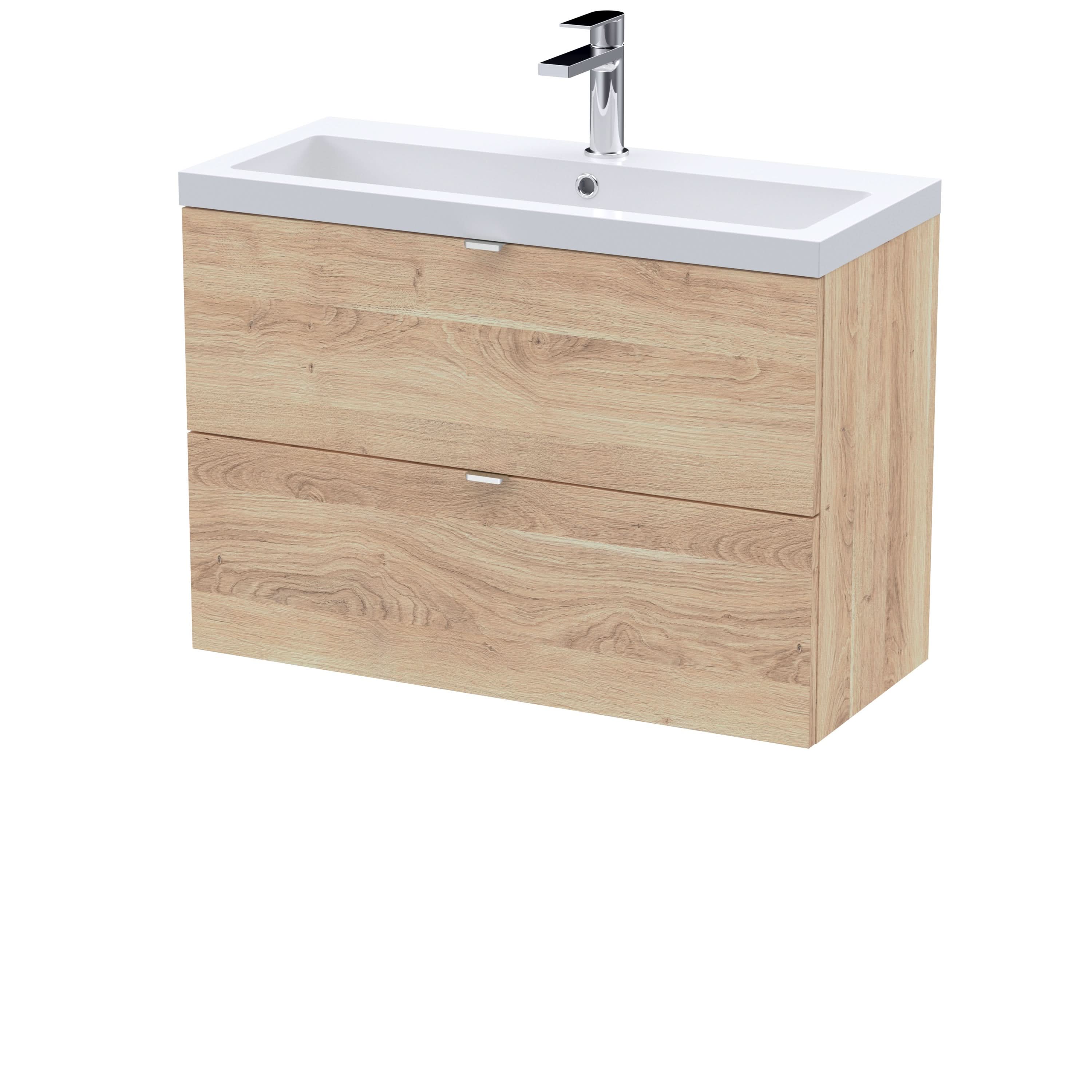 Hudson Reed Fusion Wall Hung 2-Drawer Vanity Unit & Polymarble Basin, Vanity Unit with Basin, Bleached Oak, 800mm