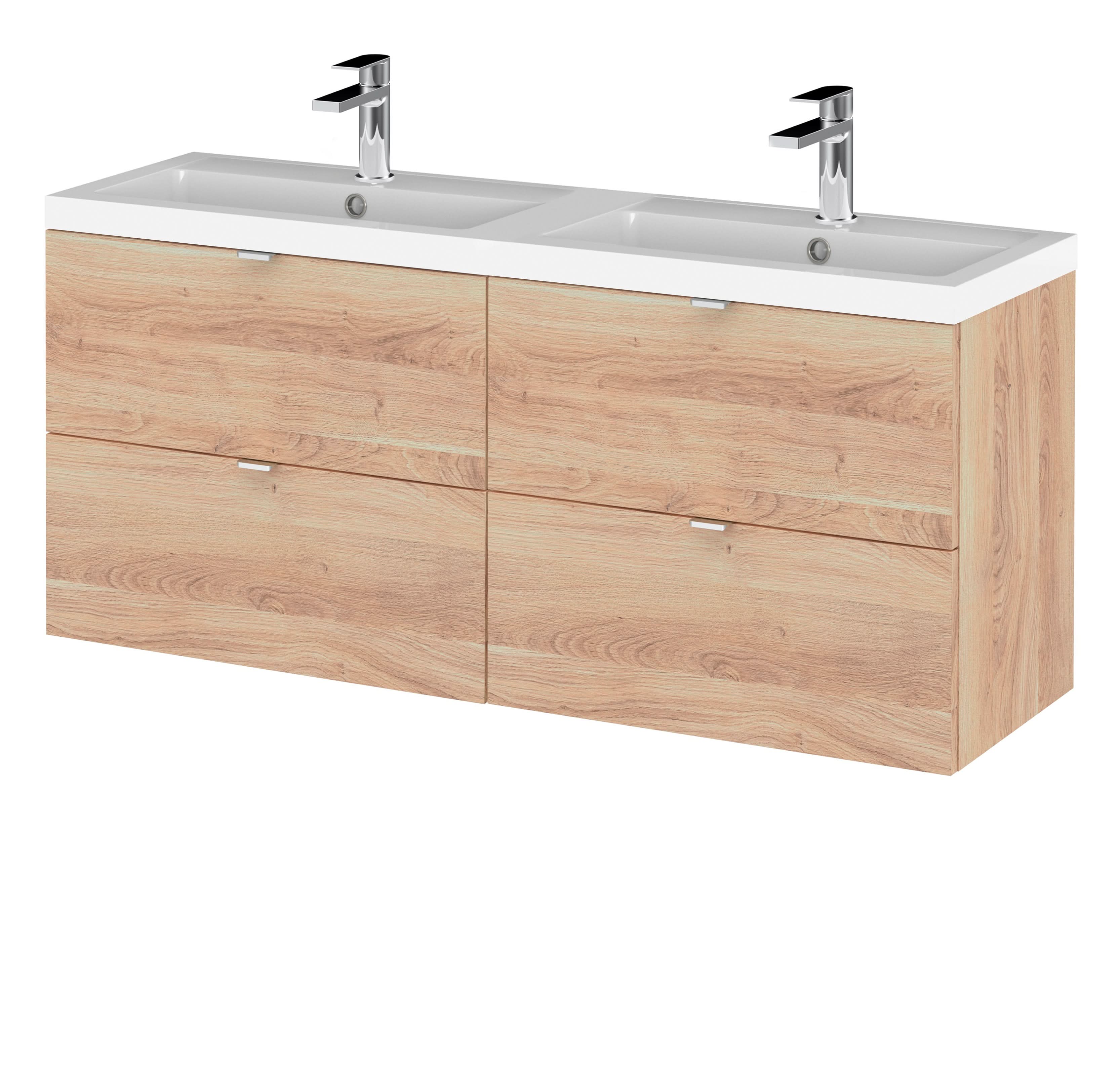 Hudson Reed Fusion Wall Hung 4-Drawer Vanity & Double Polymarble Basin, Vanity Unit with Basin, Bleached Oak, 1200mm