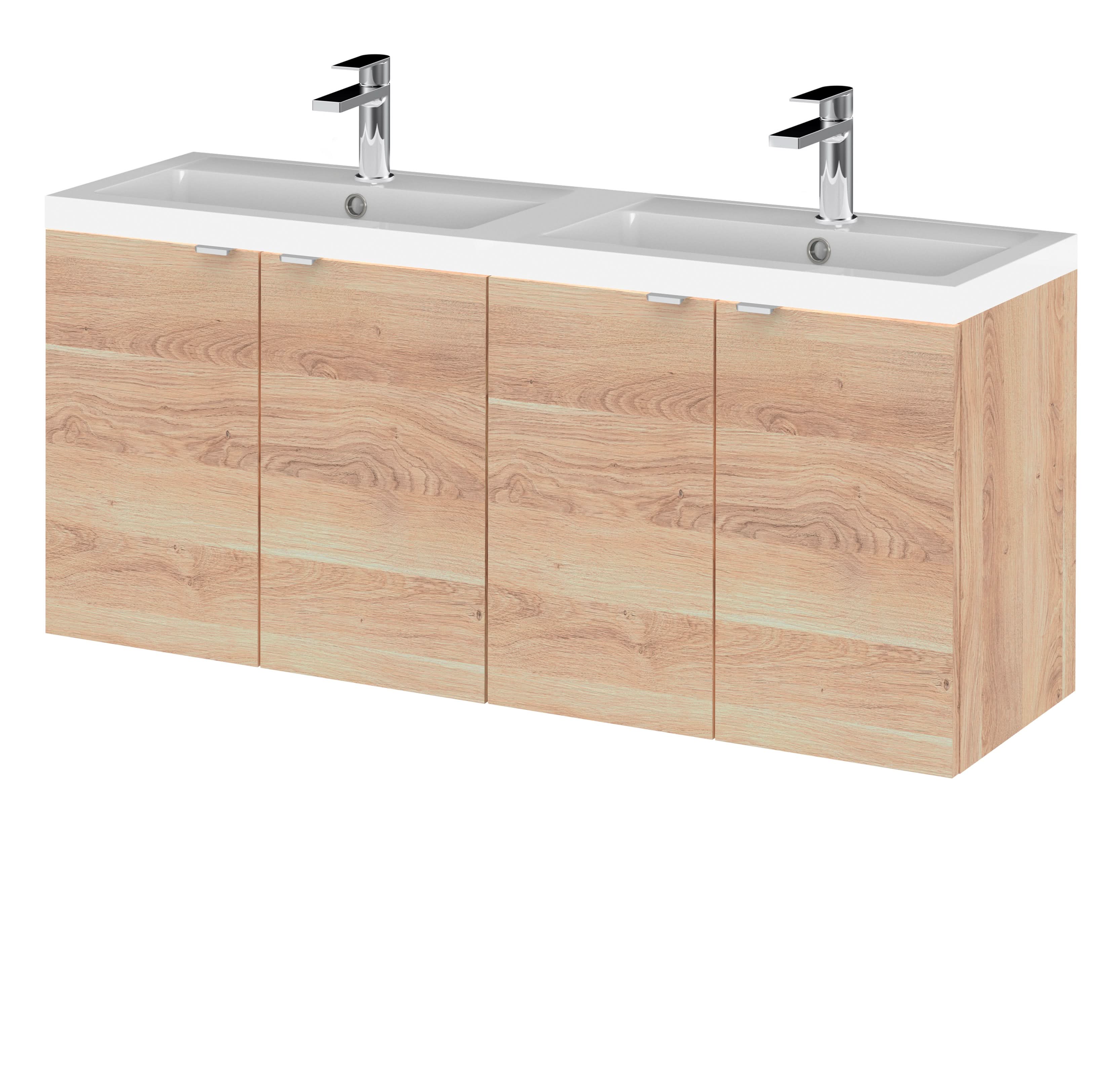Hudson Reed Fusion Wall Hung 4-Door Vanity & Double Ceramic Basin, Vanity Unit with Basin, Bleached Oak, 1200mm