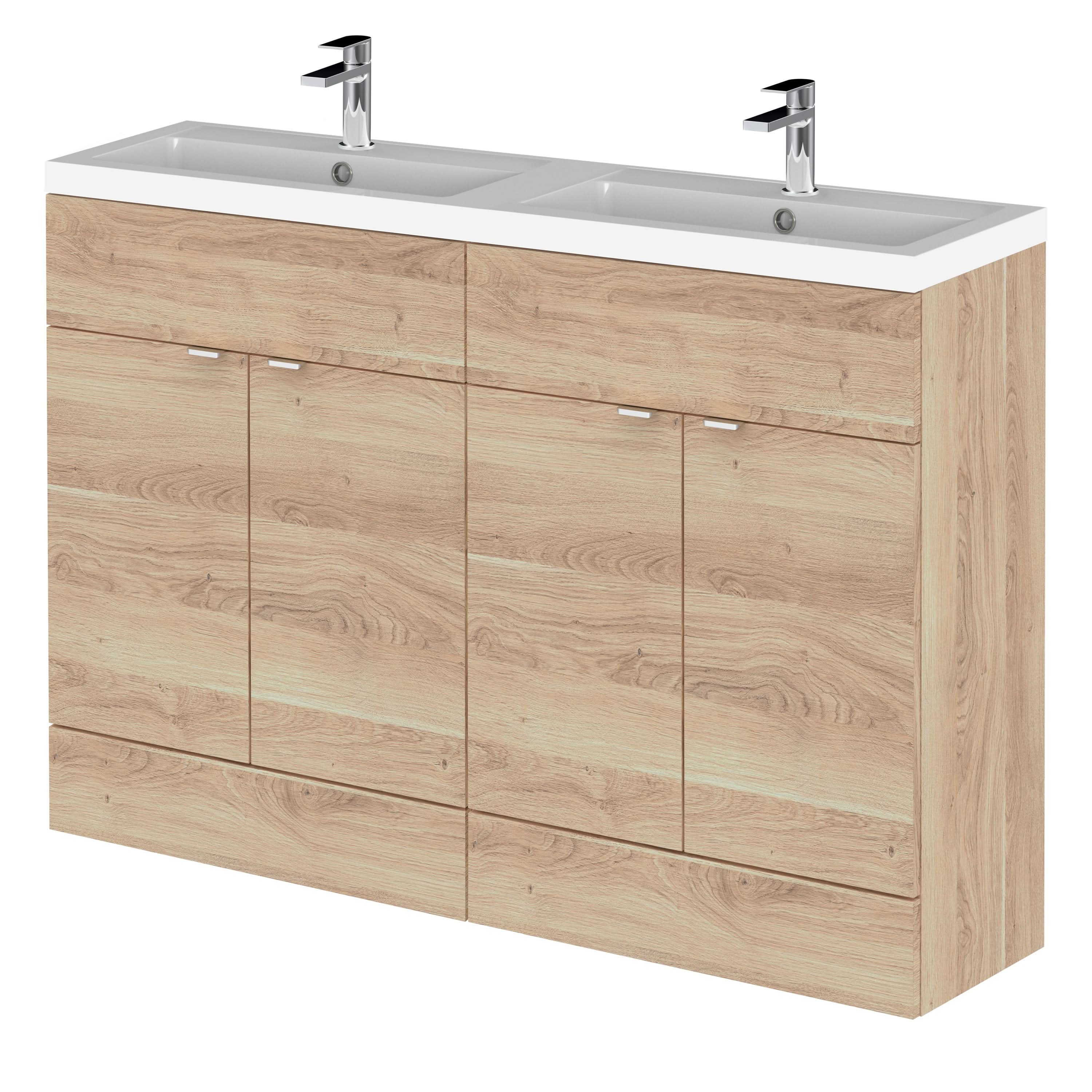 Hudson Reed Fusion Floor Standing 4-Door Vanity & Double polymarble Basin, Vanity Unit with Basin, Bleached Oak, 1200mm