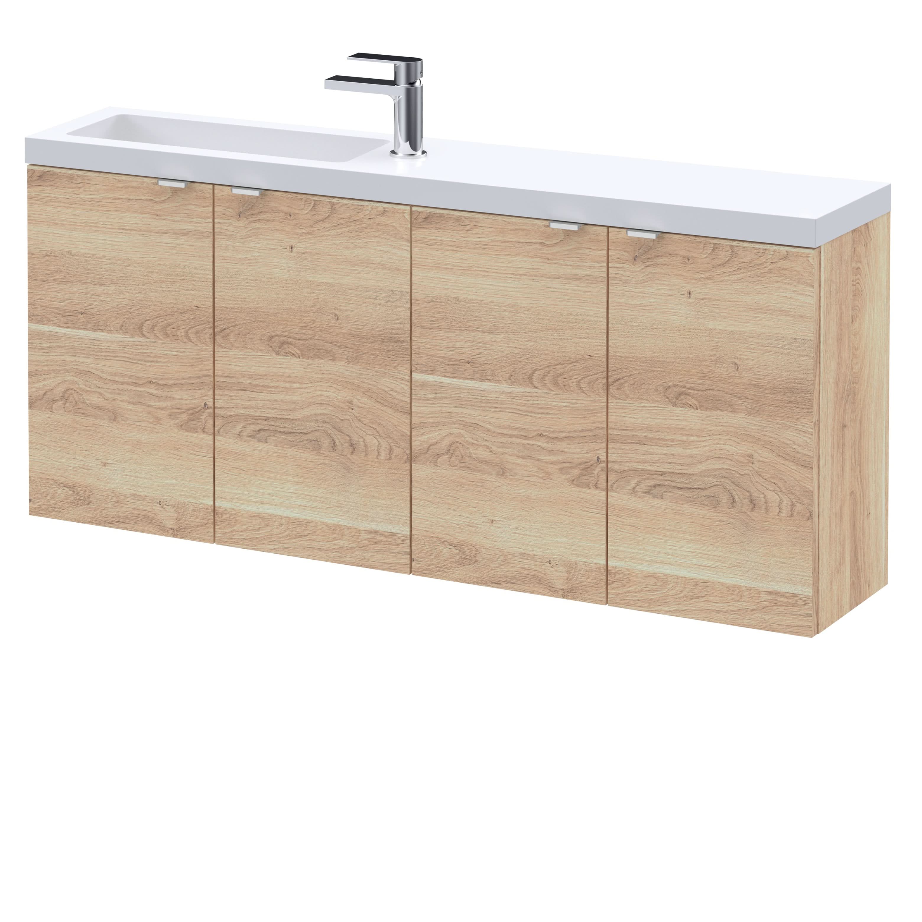 Hudson Reed Fusion Wall Hung 4-Door Vanity & Slimline Basin, Vanity Unit with Basin, Bleached Oak, 1200mm