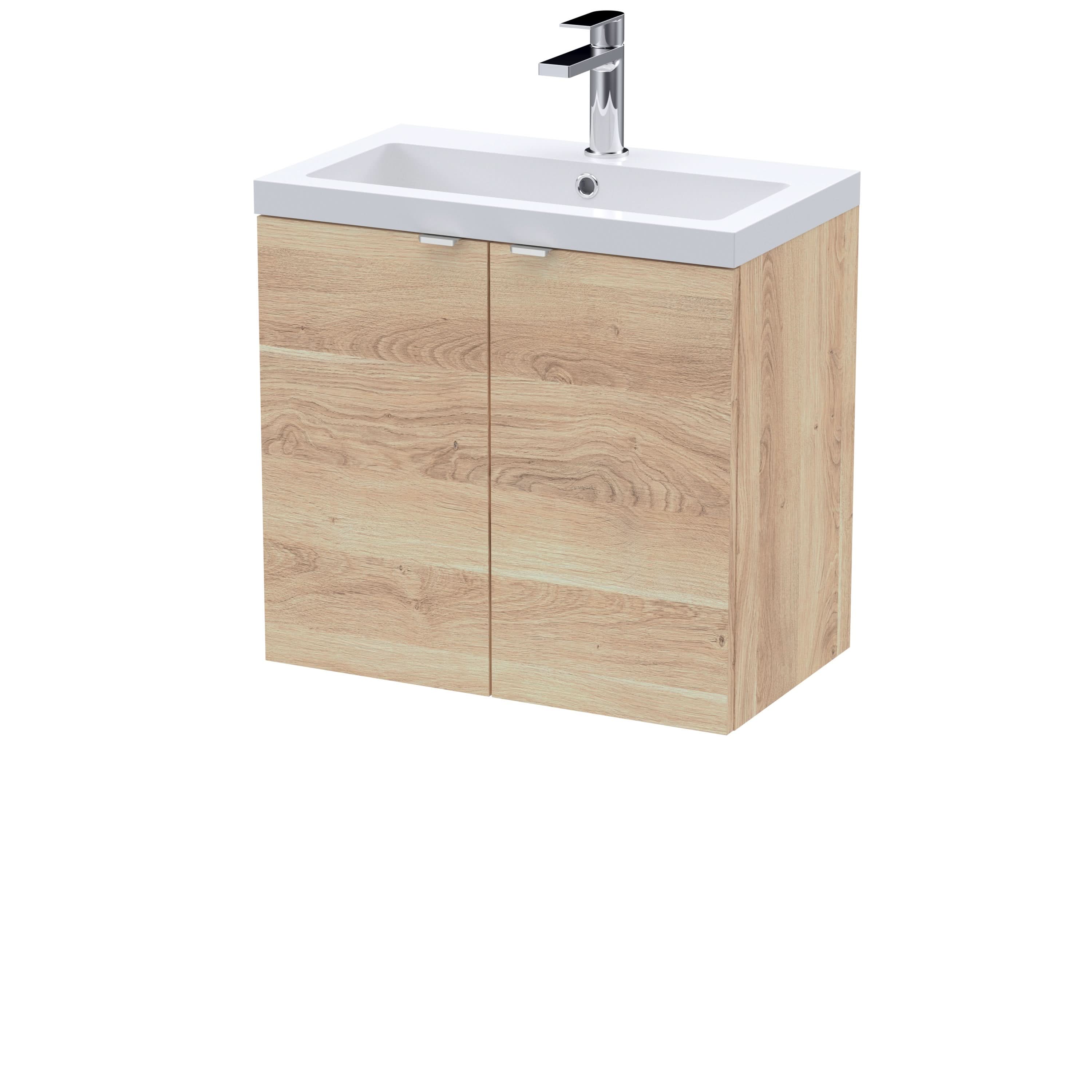 Hudson Reed Fusion Wall Hung 2-Door Vanity Unit & Ceramic Basin, Vanity Unit with Basin, Bleached Oak, 600mm