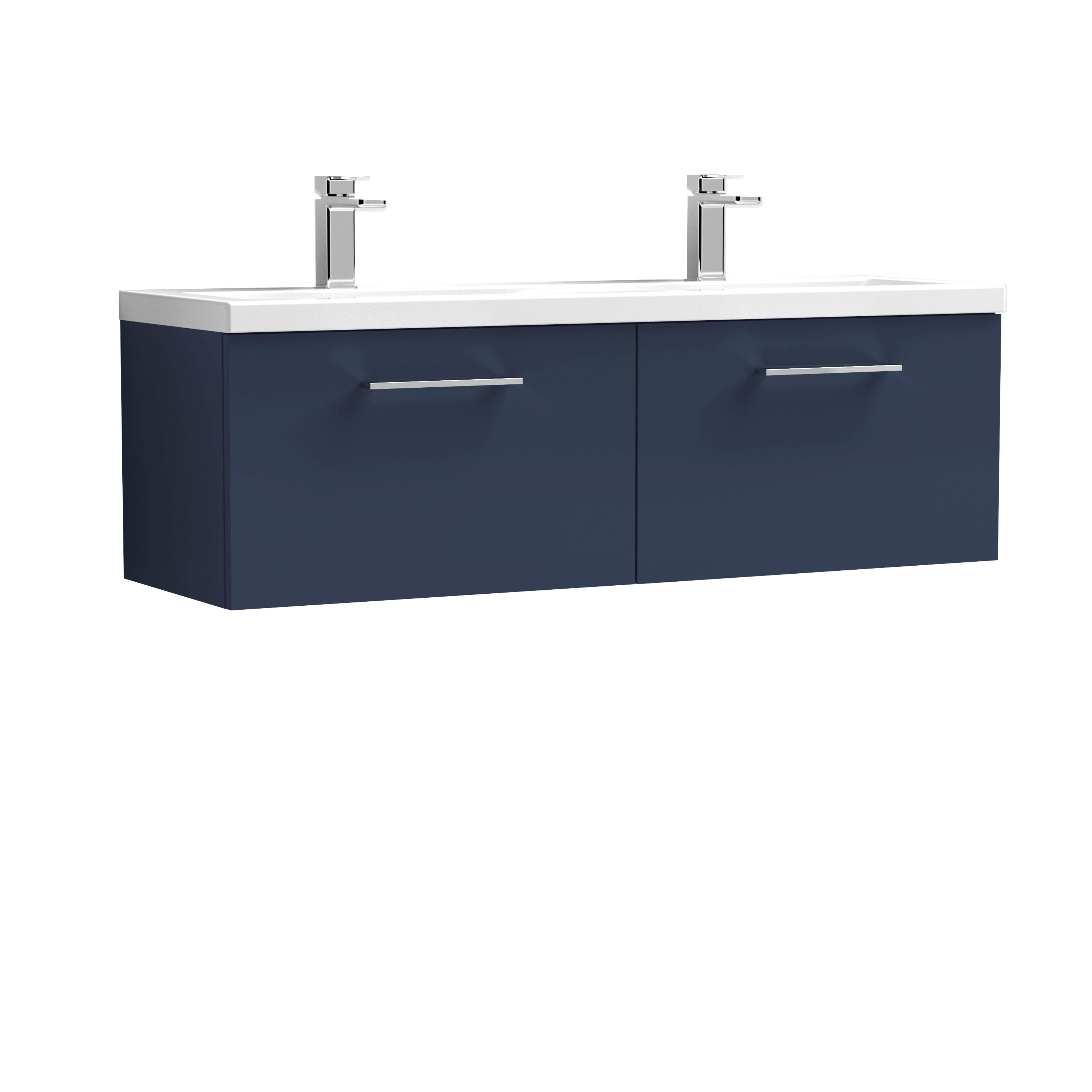 Nuie Arno Wall Hung 2 Drawer Vanity Unit & Double Ceramic Basin in White, Stylish Vanity Unit with Basin, Midnight Blue, 1200mm