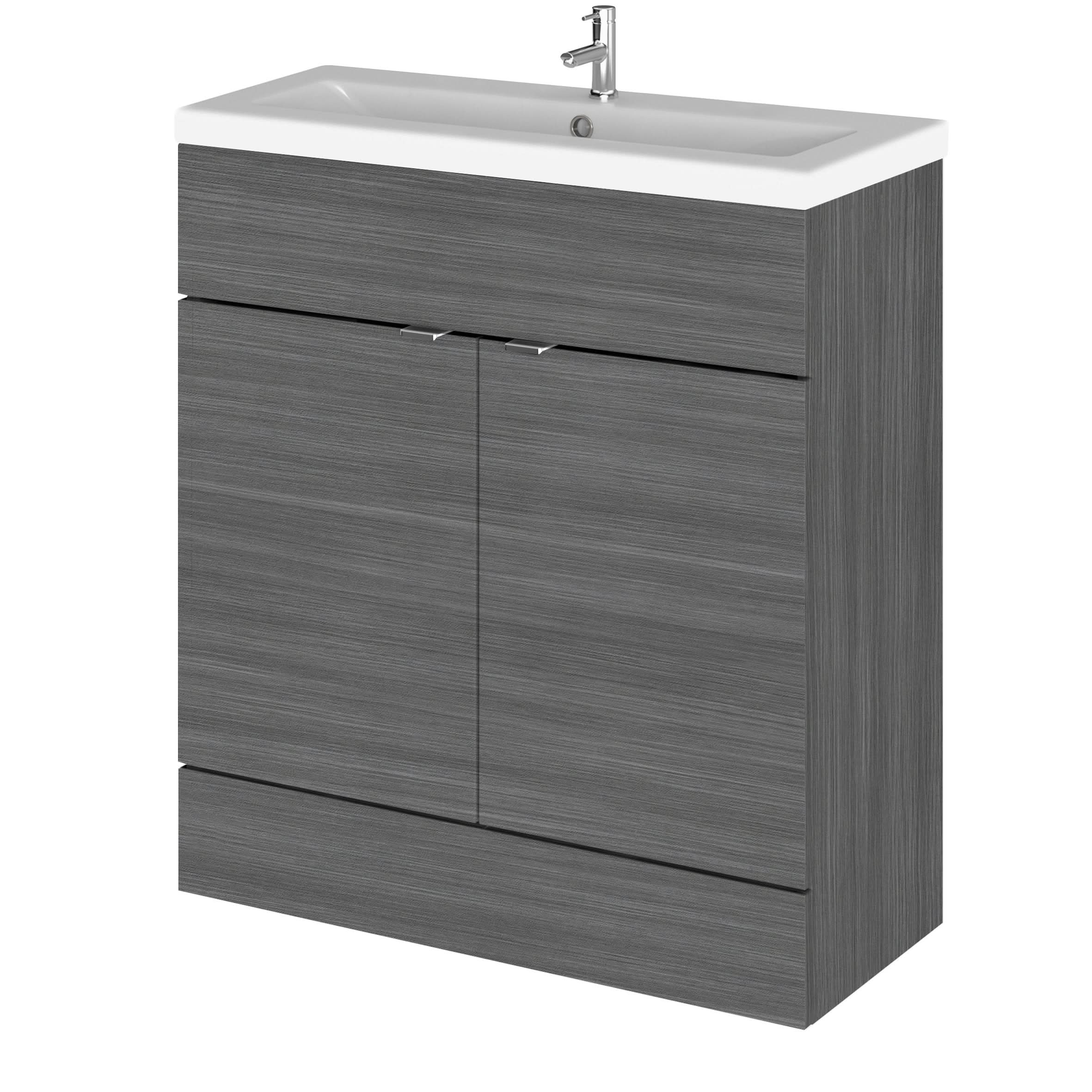 Hudson Reed Fusion Floor Standing 2 Door Vanity Unit & Ceramic Basin, Sink Vanity Unit, Anthracite Woodgrain, 800mm