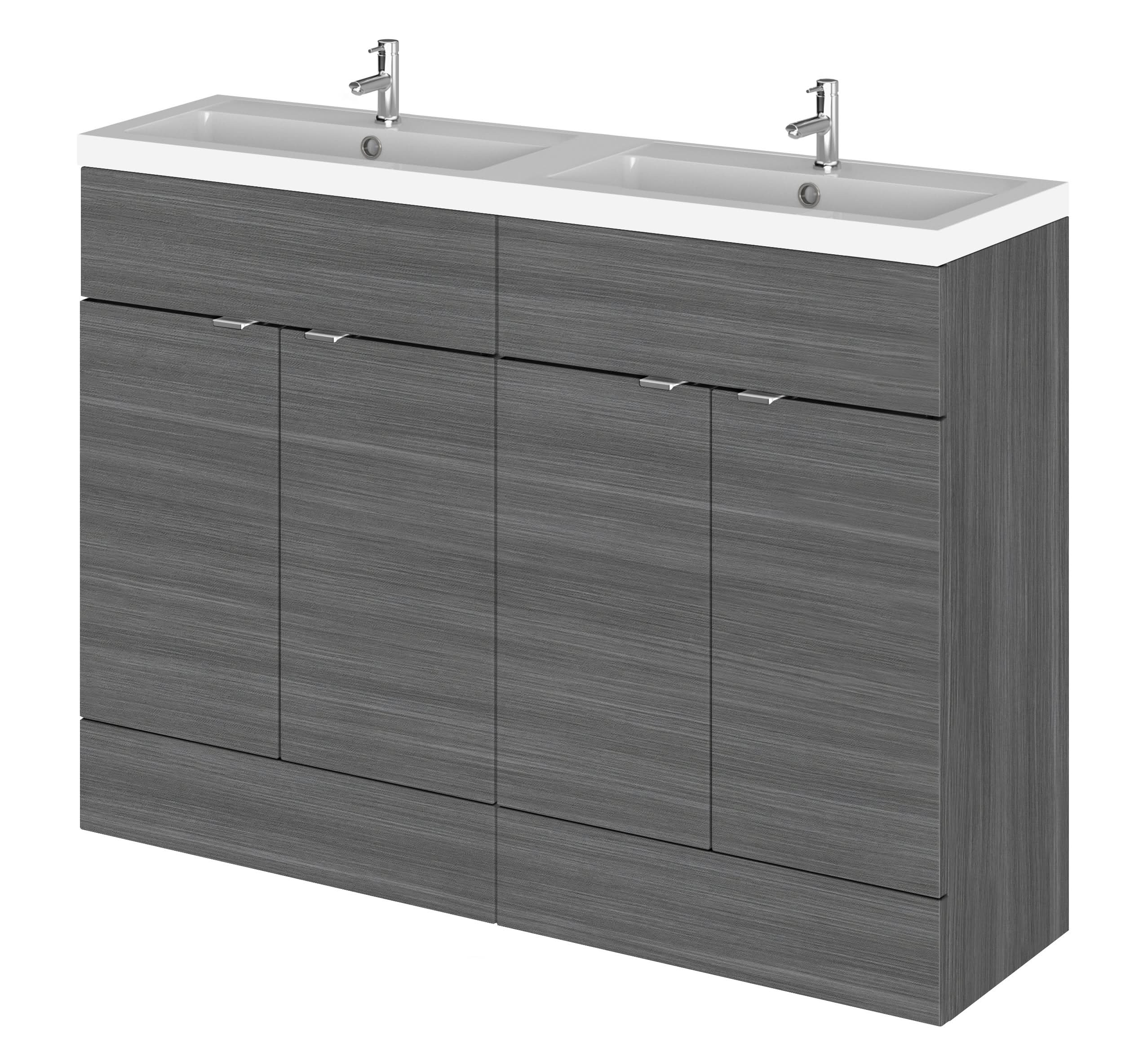 Hudson Reed Fusion Floor Standing 4 Door Vanity Unit & Twin Polymarble Basin, Sink Vanity Unit, Anthracite Woodgrain, 1200mm