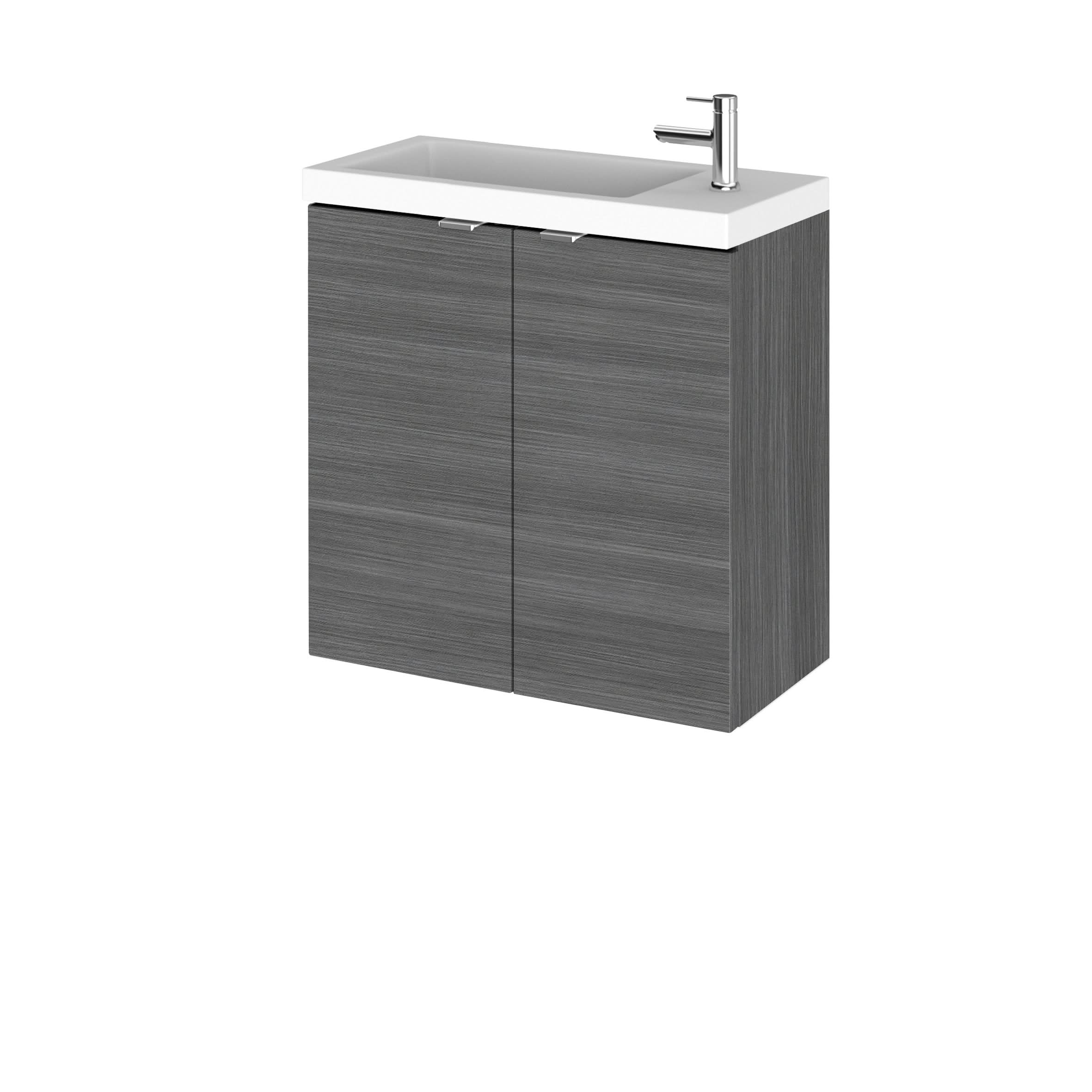 Hudson Reed Fusion Wall Hung 2 Door Vanity Unit & Compact Polymarble Basin, Sink Vanity Unit, Anthracite Woodgrain, 500mm