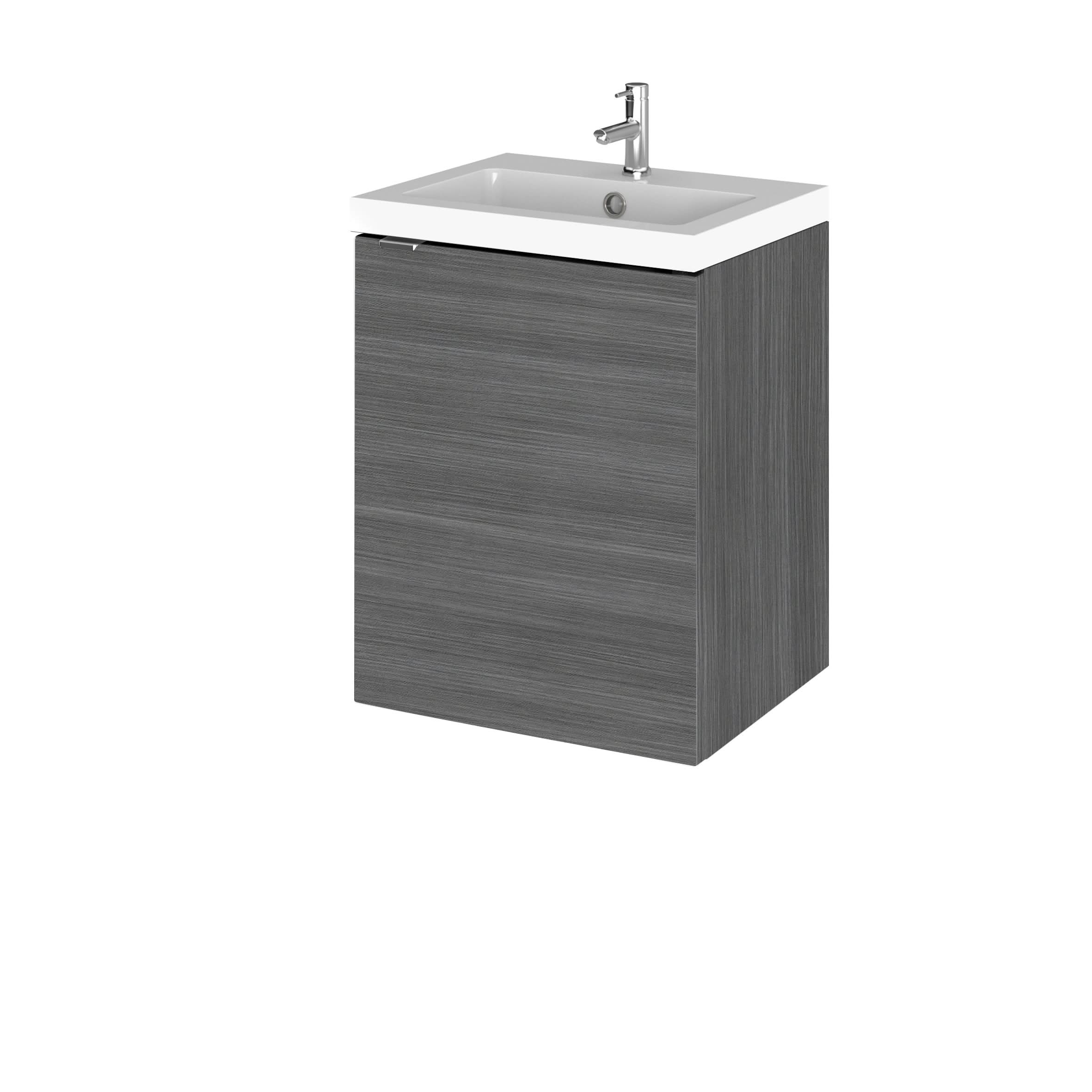 Hudson Reed Fusion Wall Hung 1 Door Vanity Unit & Polymarble Basin, Sink Vanity Unit, Anthracite Woodgrain, 400mm