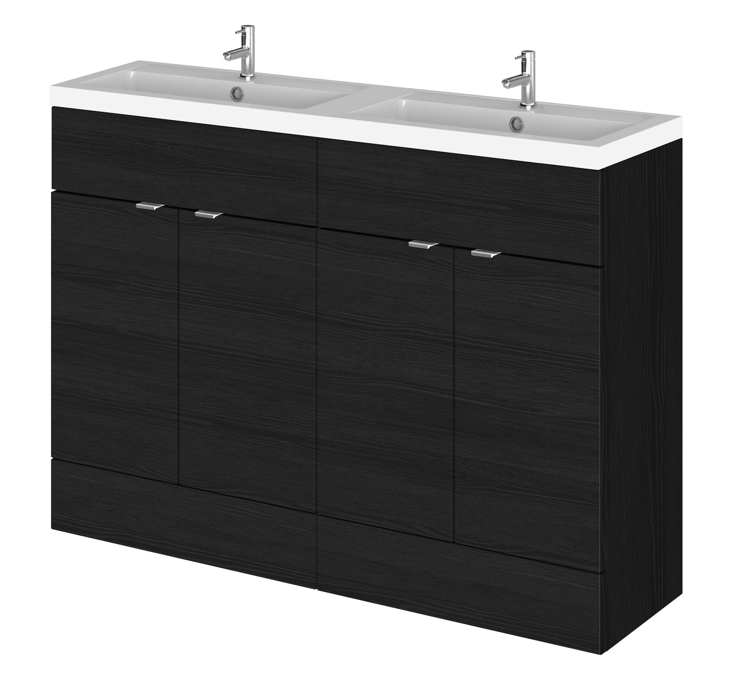 Hudson Reed Fusion Floor Standing 4 Door Vanity Unit & Twin Polymarble Basin, Sink Vanity Unit, Charcoal Black, 1200mm