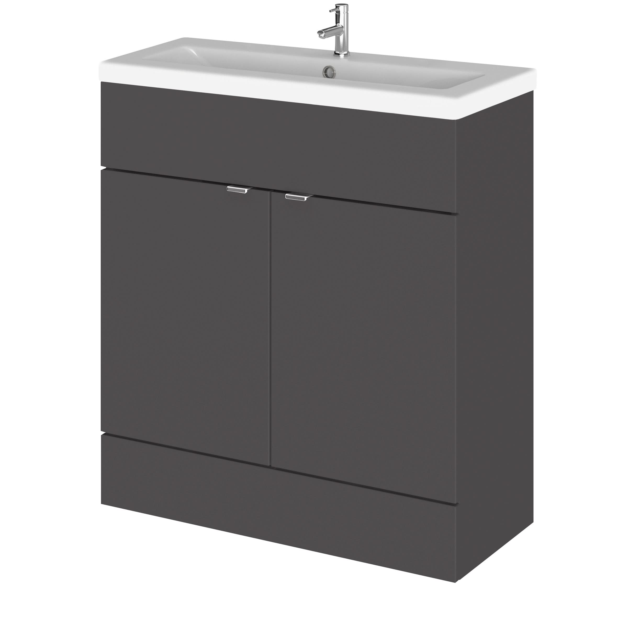 Hudson Reed Fusion Floor Standing 2 Door Vanity Unit & Ceramic Basin, Stylish Sink Vanity Unit, Gloss Grey, 800mm