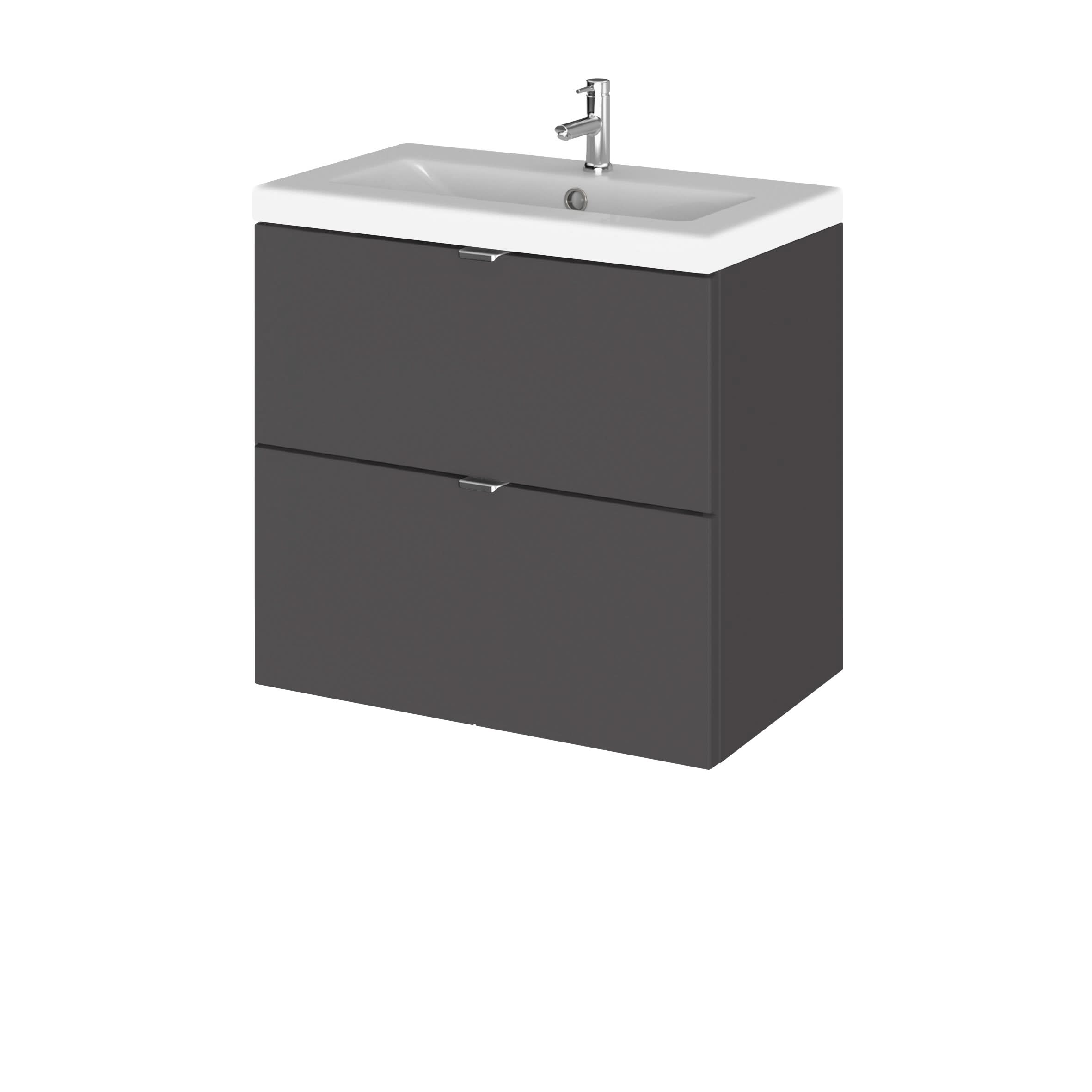 Hudson Reed Fusion Wall Hung 2 Drawer Vanity Unit & Ceramic Basin, Stylish Sink Vanity Unit, Gloss Grey, 600mm