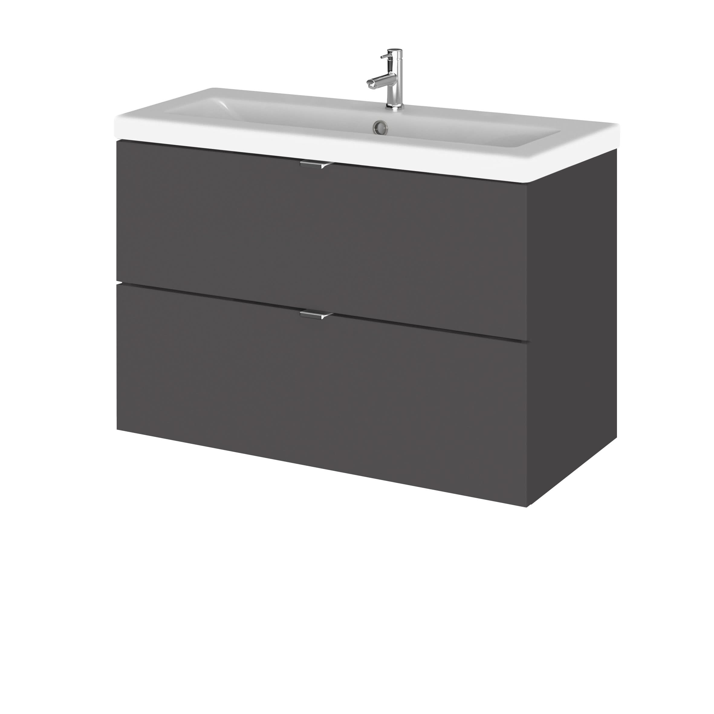 Hudson Reed Fusion Wall Hung 2 Drawer Vanity Unit & Ceramic Basin, Stylish Sink Vanity Unit, Gloss Grey, 800mm