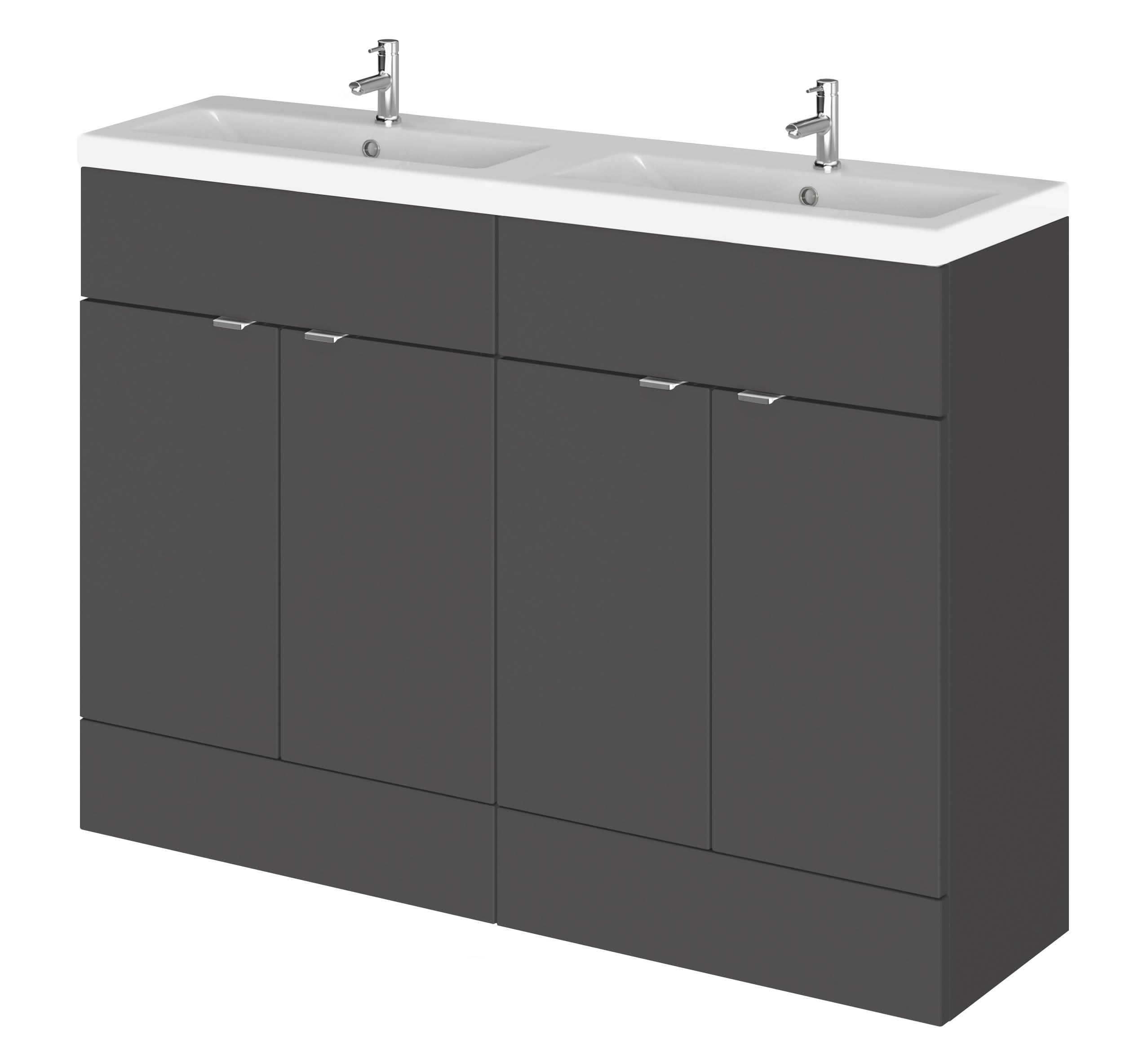 Hudson Reed Fusion Floor Standing 4 Door Vanity Unit & Twin Ceramic Basin, Stylish Sink Vanity Unit, Gloss Grey, 1200mm