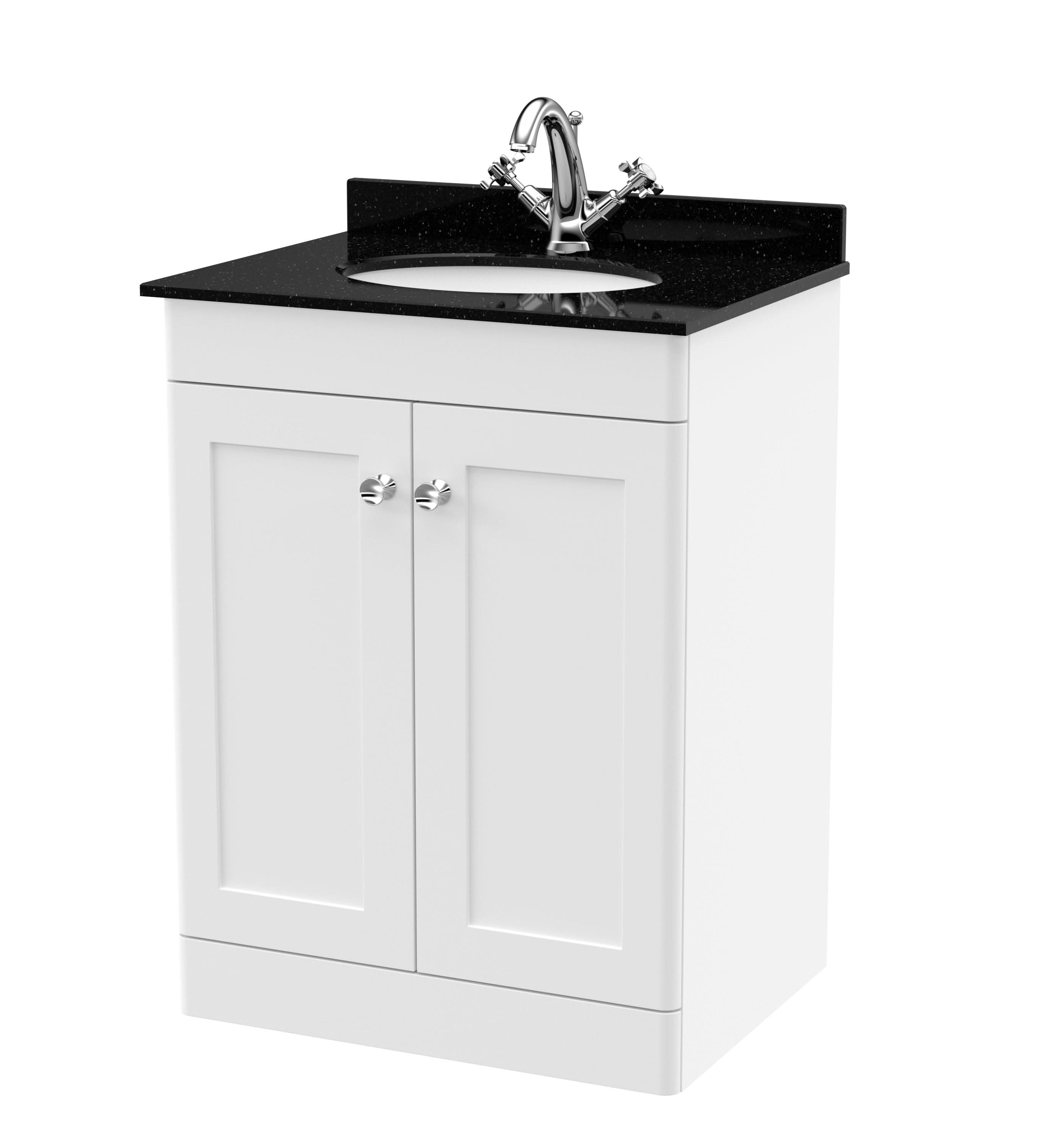 Nuie Classique Floor Standing 2 Door Vanity Unit & 1 Tap Hole Black Marble Top with Oval Basin, Elegant Sink Vanity Unit in Satin White, 600mm