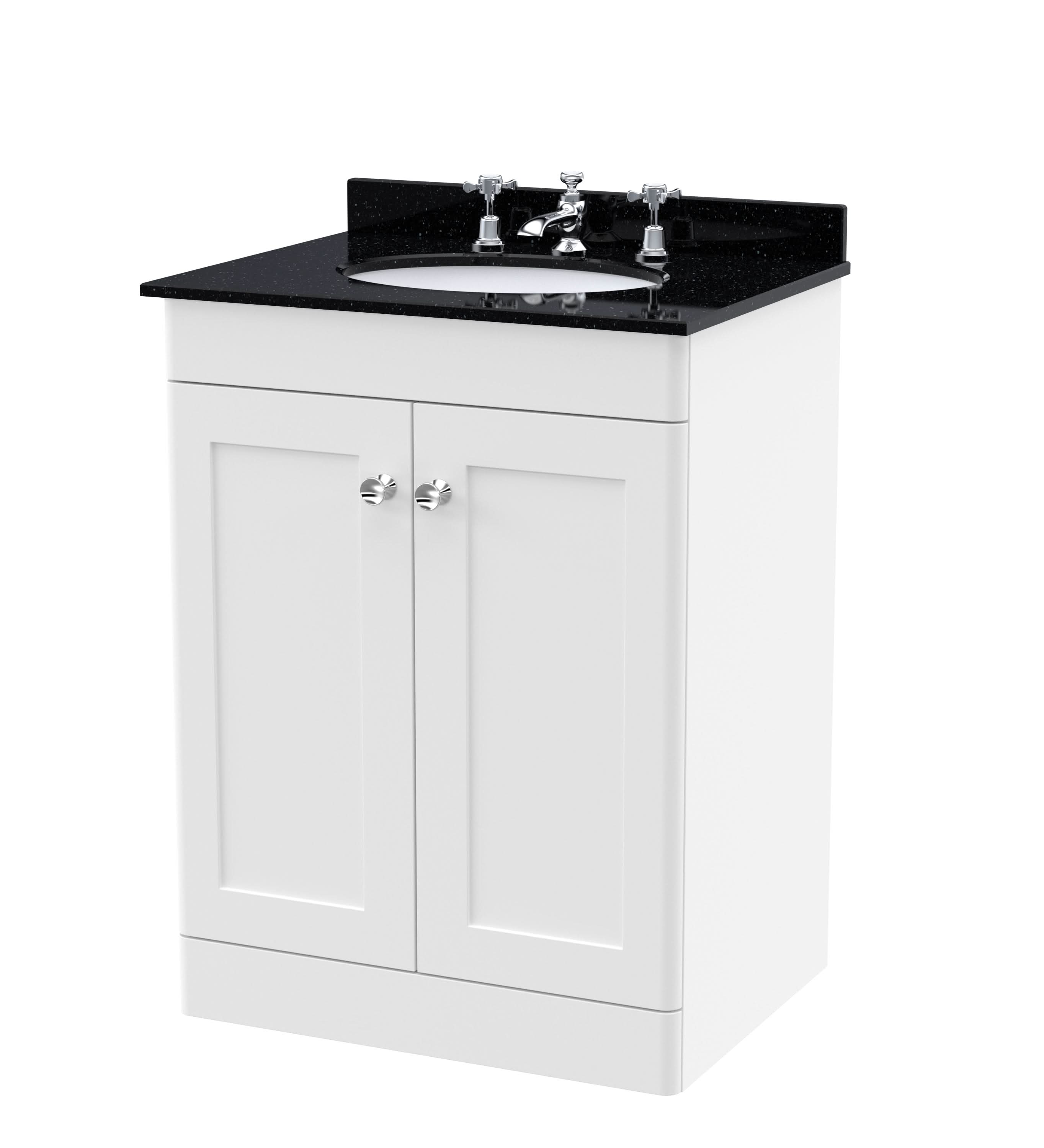 Nuie Classique Floor Standing 2 Door Vanity Unit & 3 Tap Hole Black Marble Top with Oval Basin, Elegant Sink Vanity Unit in Satin White, 600mm