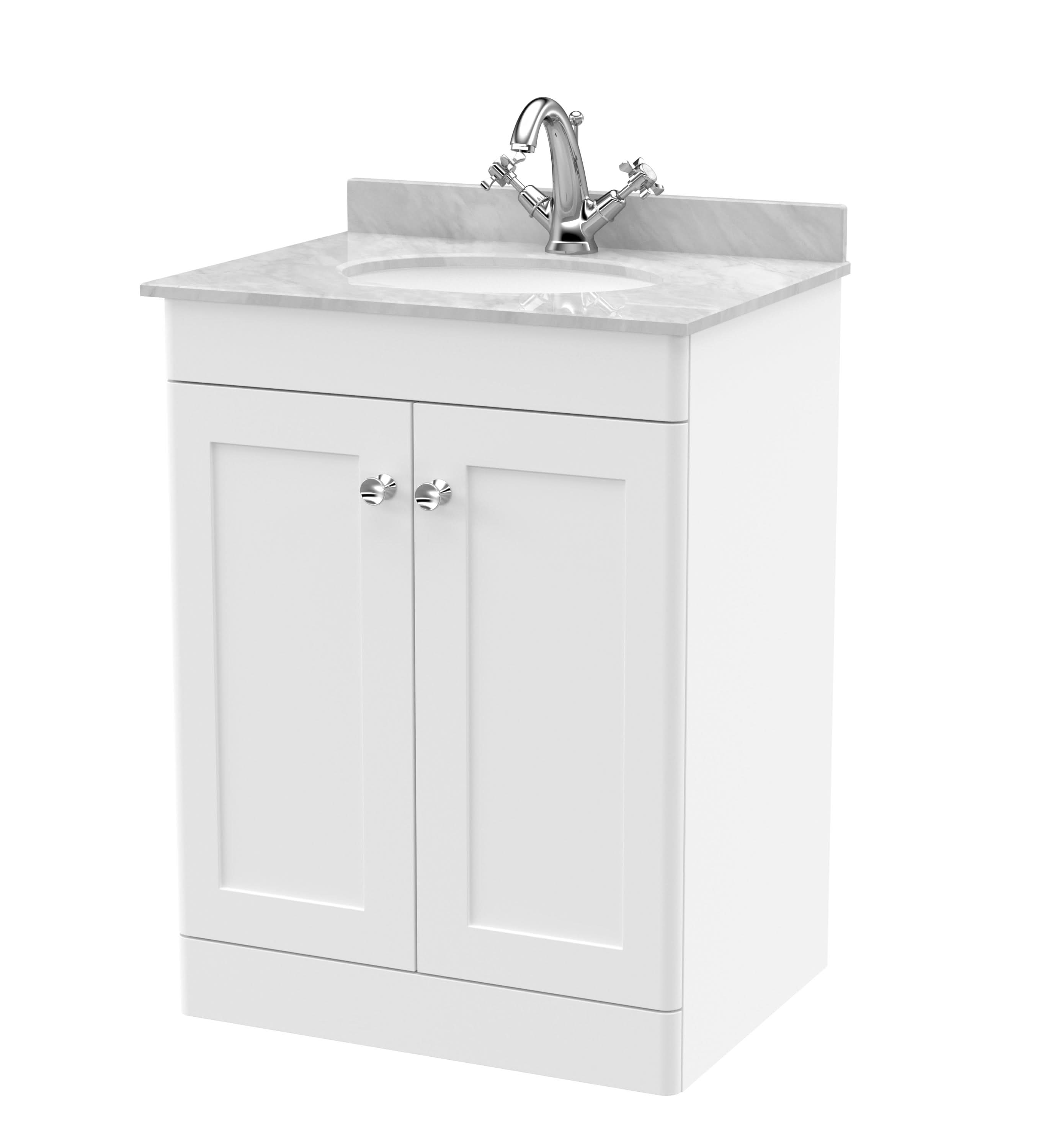 Nuie Classique Floor Standing 2 Door Vanity Unit & 1 Tap Hole Grey Marble Top with Oval Basin, Elegant Sink Vanity Unit in Satin White, 600mm